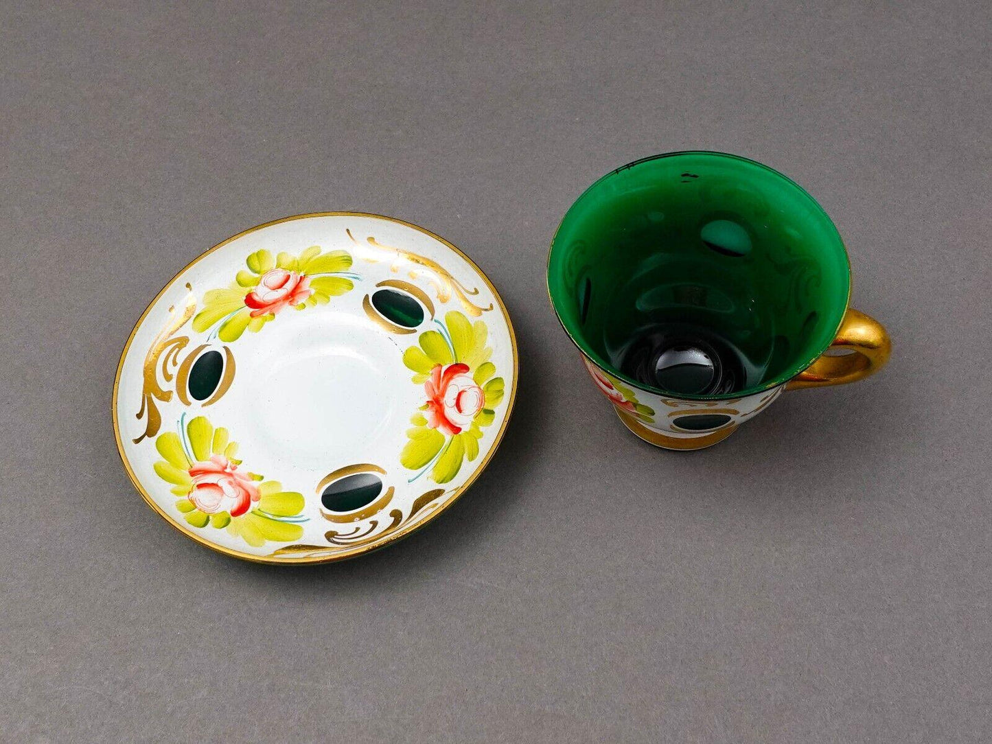 Bohemian White Cut To Green Cased Gold Floral Demitasse Cup & Saucer Set Of 5