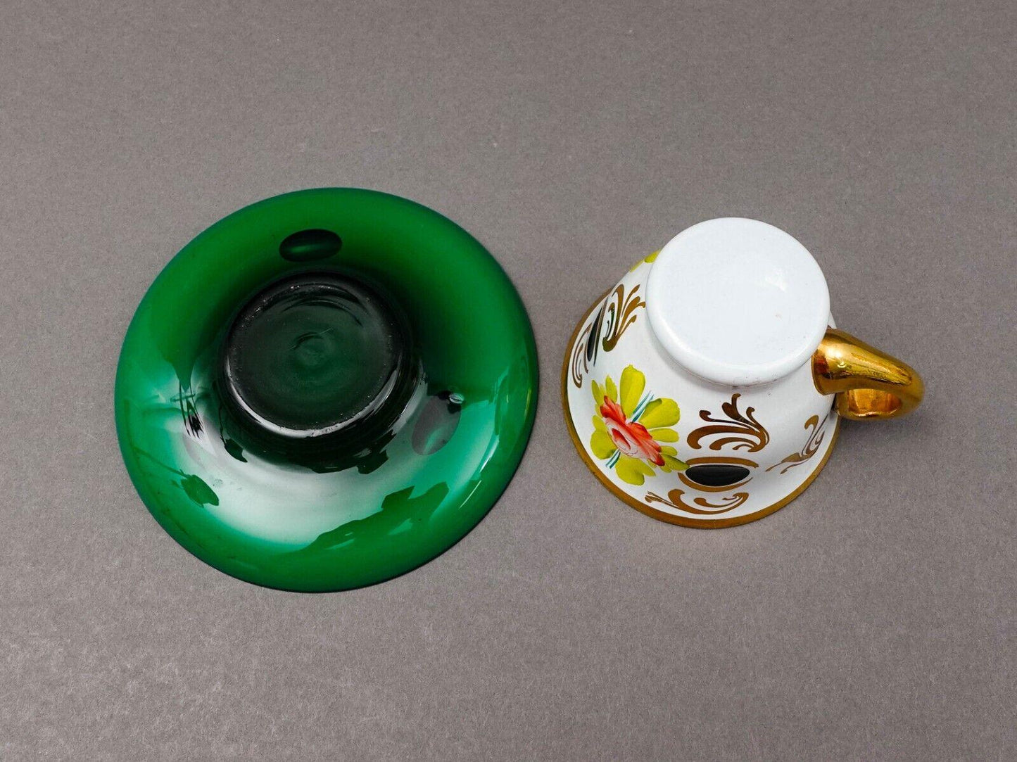 Bohemian White Cut To Green Cased Gold Floral Demitasse Cup & Saucer Set Of 5