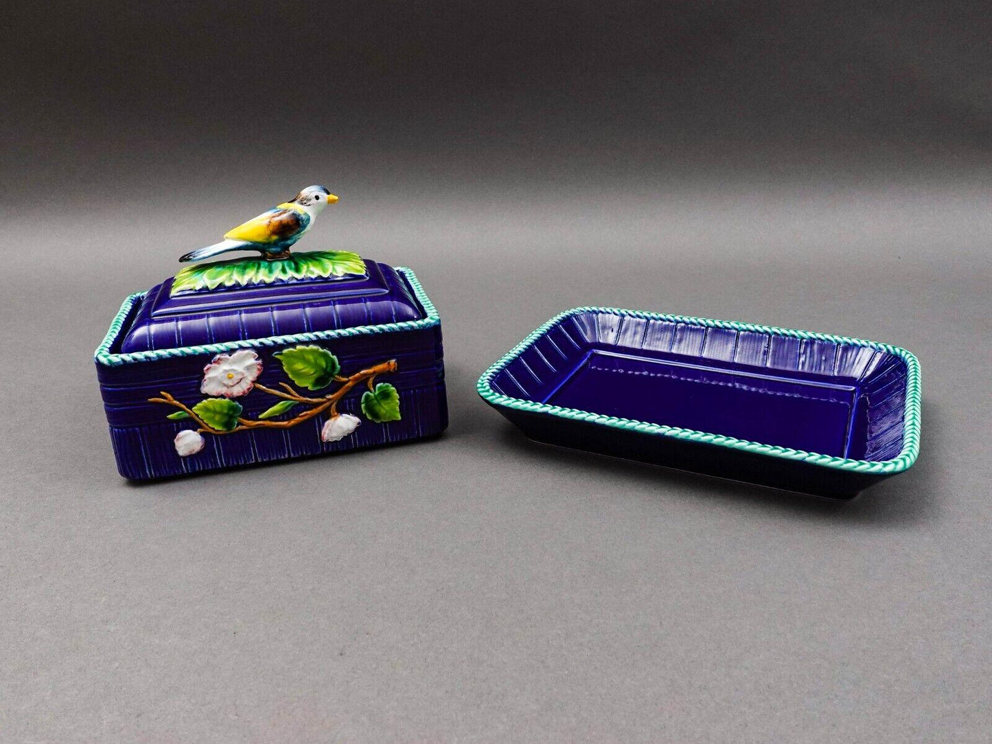 Mottahehedeh Italy Majolica Cobalt Floral Bird Finial Covered Dish With Tray