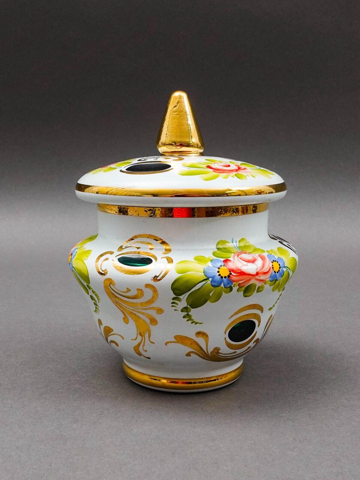 Bohemian White Cut To Green Cased Gold Gilt Hand Painted Floral Sugar Bowl