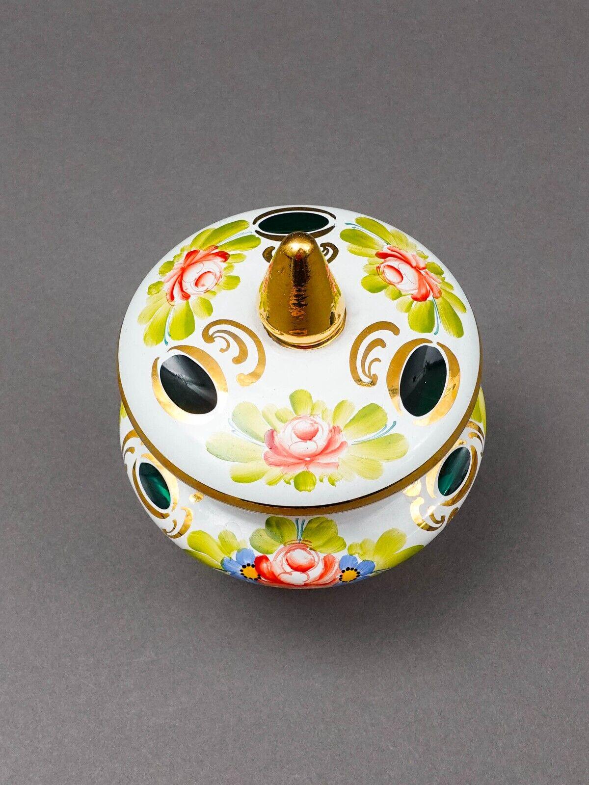 Bohemian White Cut To Green Cased Gold Gilt Hand Painted Floral Sugar Bowl