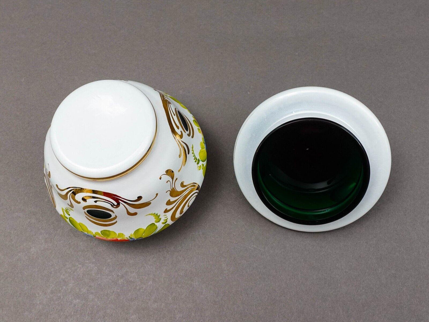 Bohemian White Cut To Green Cased Gold Gilt Hand Painted Floral Sugar Bowl