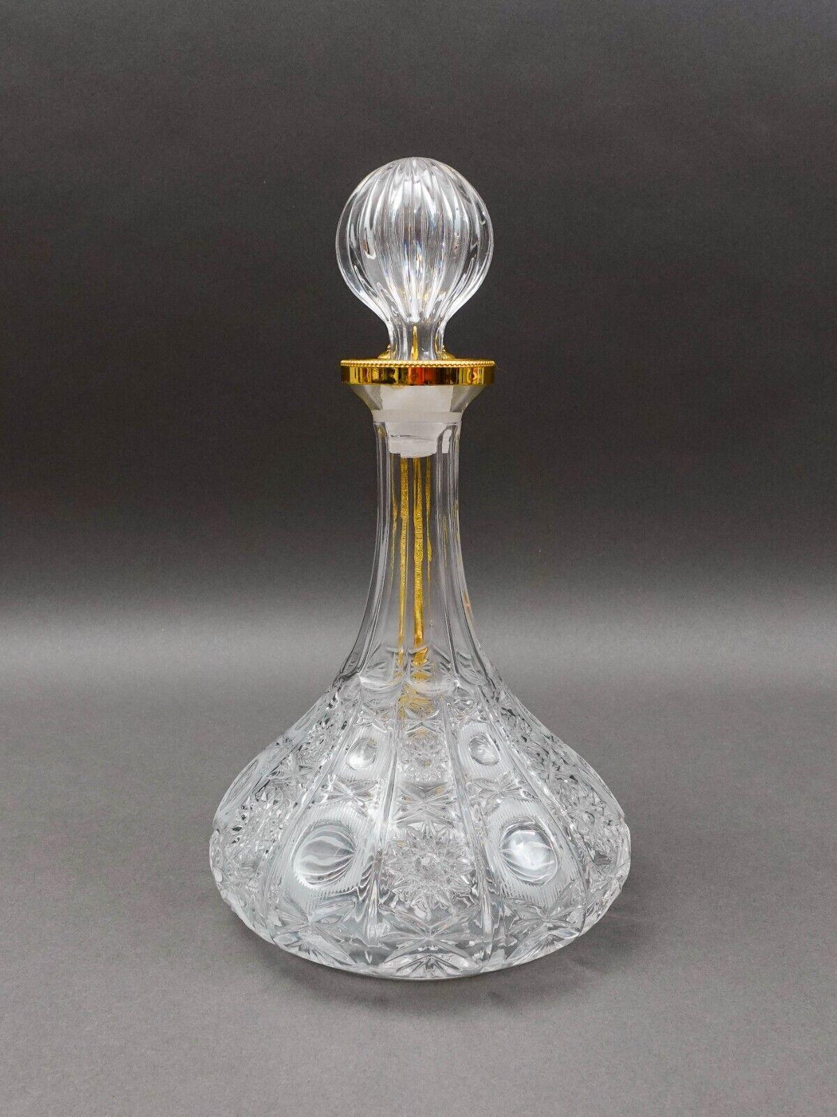 Bohemian Cut Glass Gold Leaf Motif Handle Crystal Decanter With Stopper