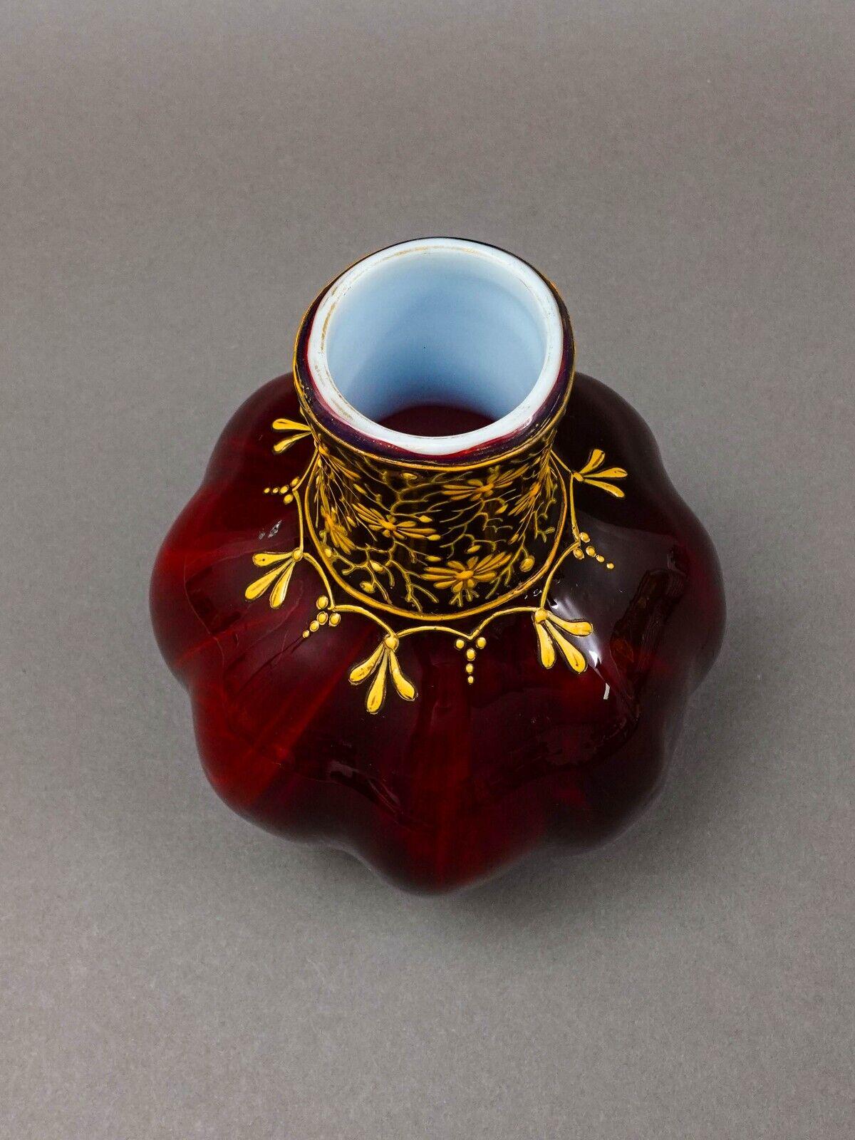 Bohemian Ox Blood Red Floral Gilded Cased Art Glass Vase 6 1/4"