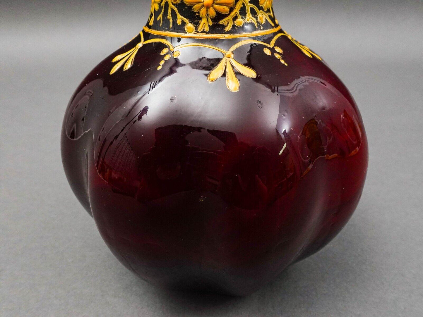 Bohemian Ox Blood Red Floral Gilded Cased Art Glass Vase 6 1/4"