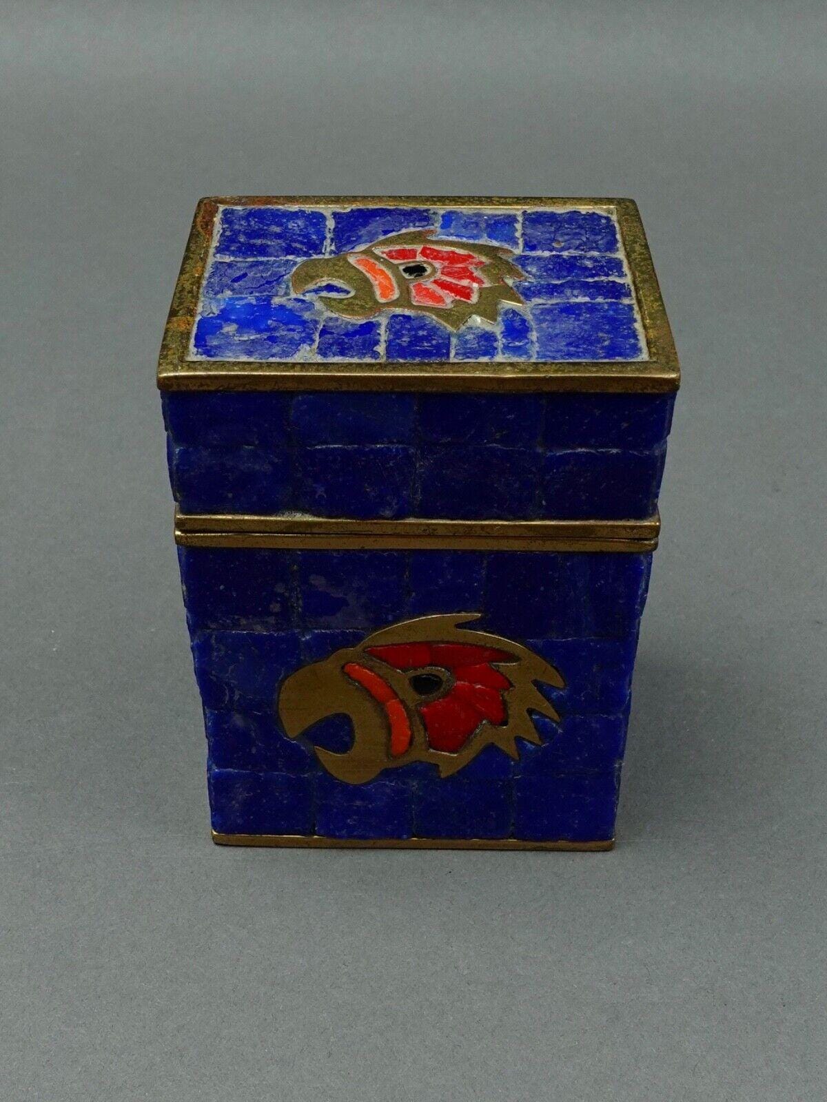 Salvador Teran Mexico Vintage MCM Hand Wrought Brass Mosaic Tile Bird Lidded Box