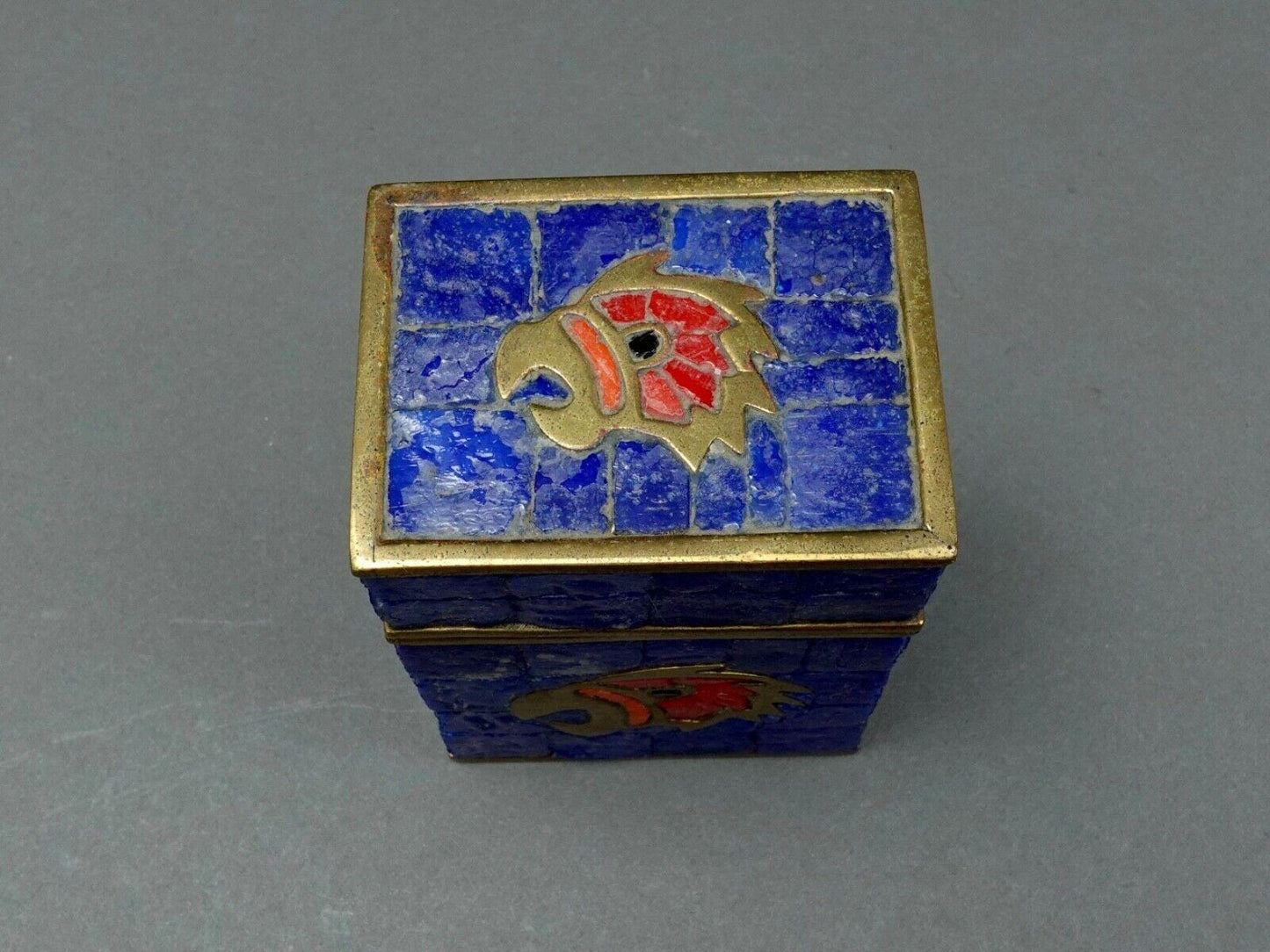 Salvador Teran Mexico Vintage MCM Hand Wrought Brass Mosaic Tile Bird Lidded Box