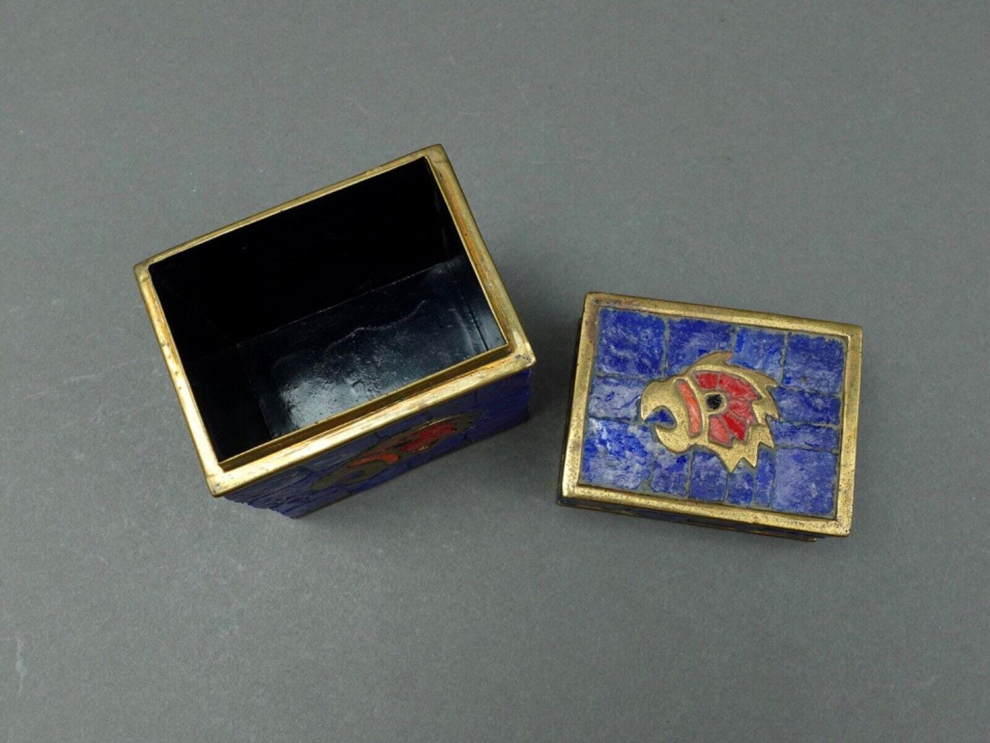 Salvador Teran Mexico Vintage MCM Hand Wrought Brass Mosaic Tile Bird Lidded Box