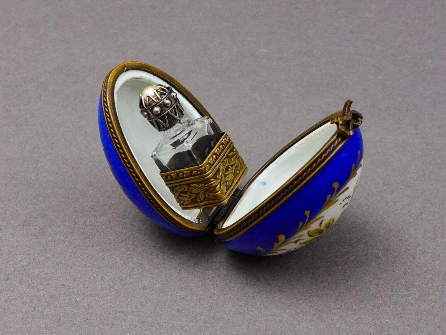 Limoges France Blue & Gold Floral Porcelain Egg Trinket Box With Perfume Bottle