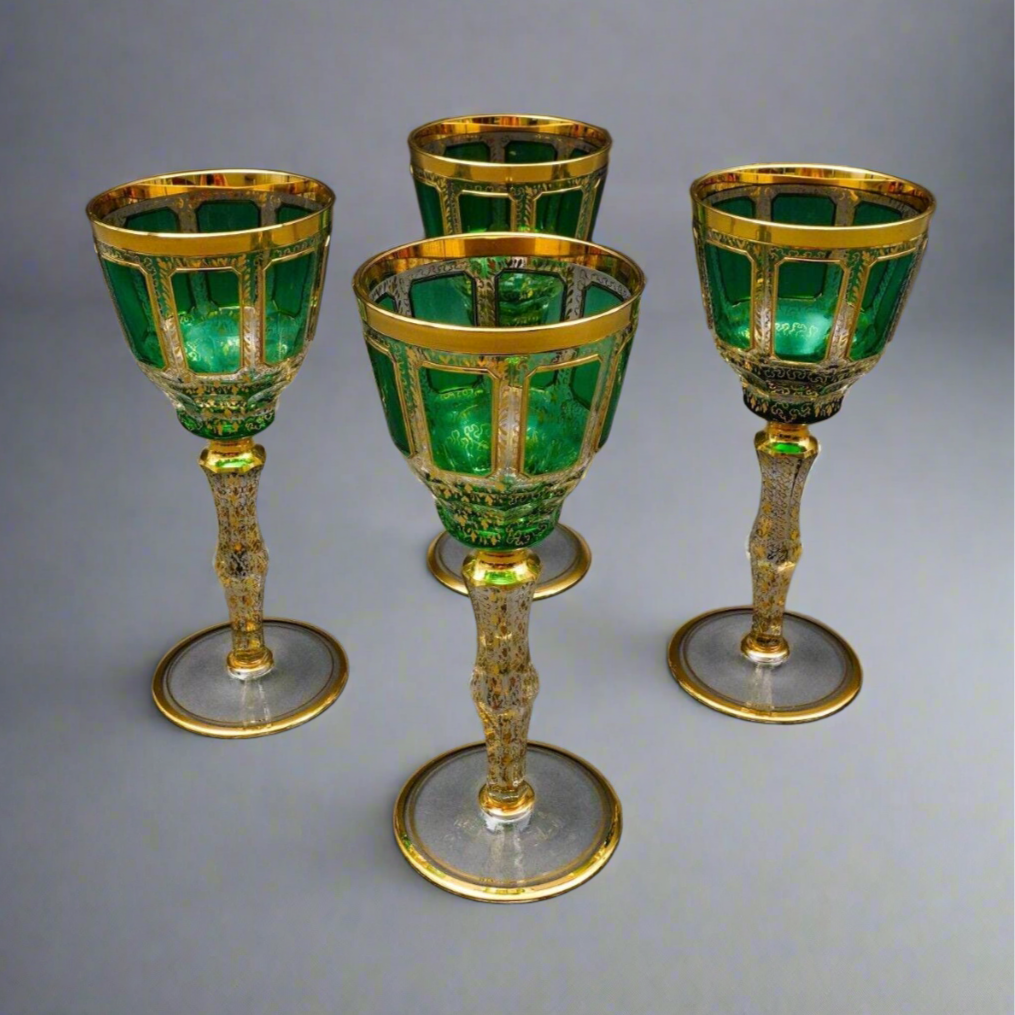Moser Bohemian Emerald Green Gold Gilded Panel 8 1/4" Wine Glass Goblet Set Of 4