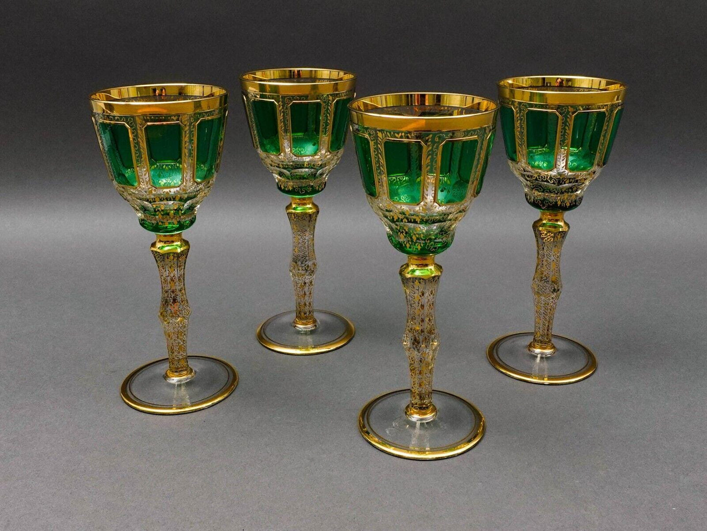 Moser Bohemian Emerald Green Gold Gilded Panel 8 1/4" Wine Glass Goblet Set Of 4