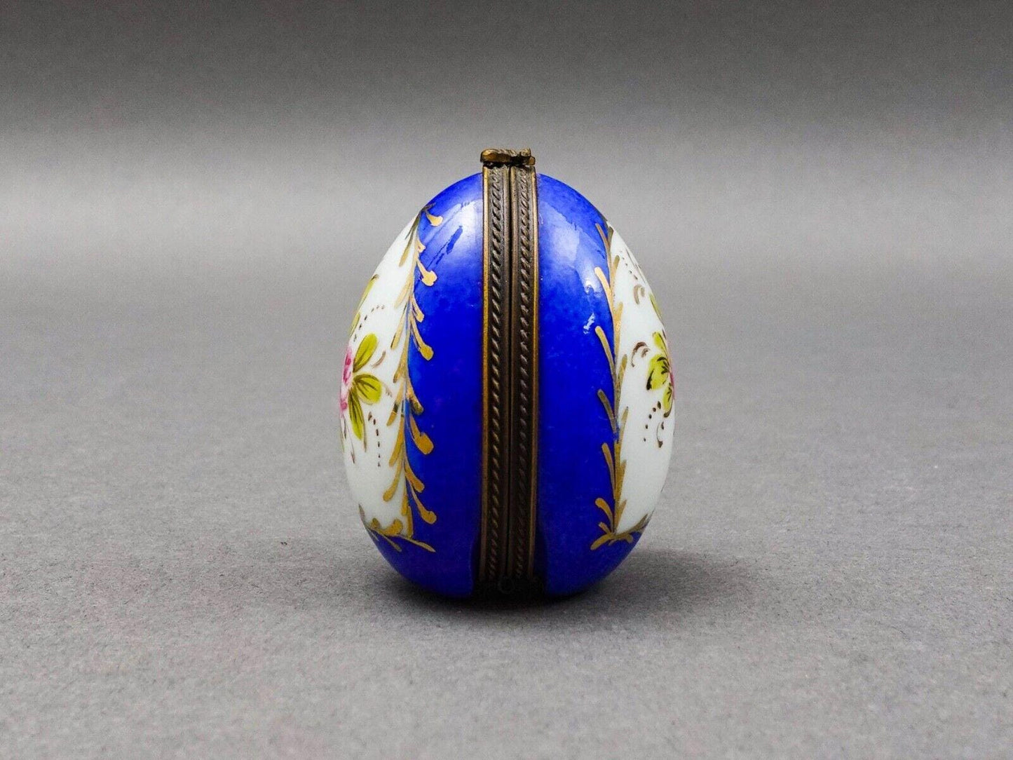 Limoges France Blue & Gold Floral Porcelain Egg Trinket Box With Perfume Bottle