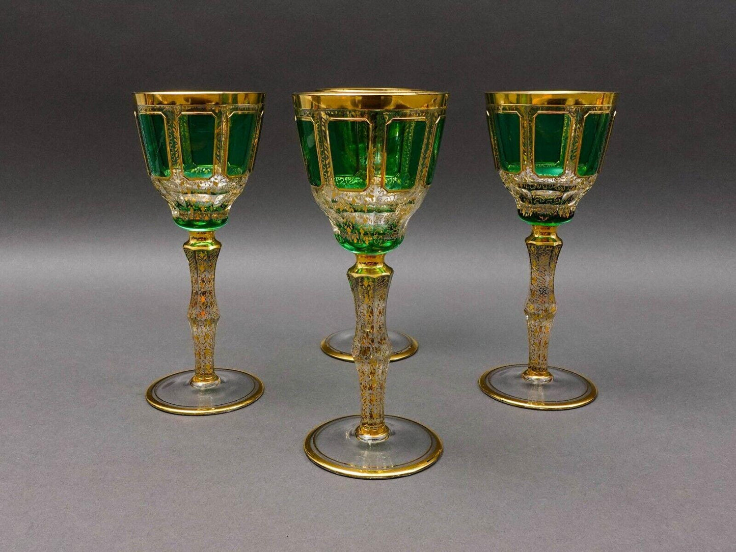 Moser Bohemian Emerald Green Gold Gilded Panel 8 1/4" Wine Glass Goblet Set Of 4