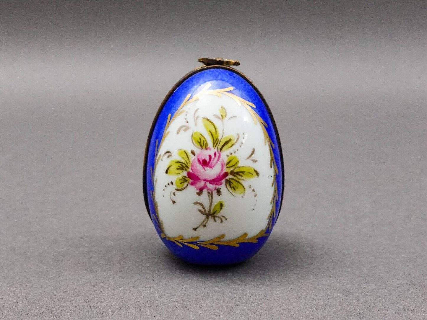 Limoges France Blue & Gold Floral Porcelain Egg Trinket Box With Perfume Bottle