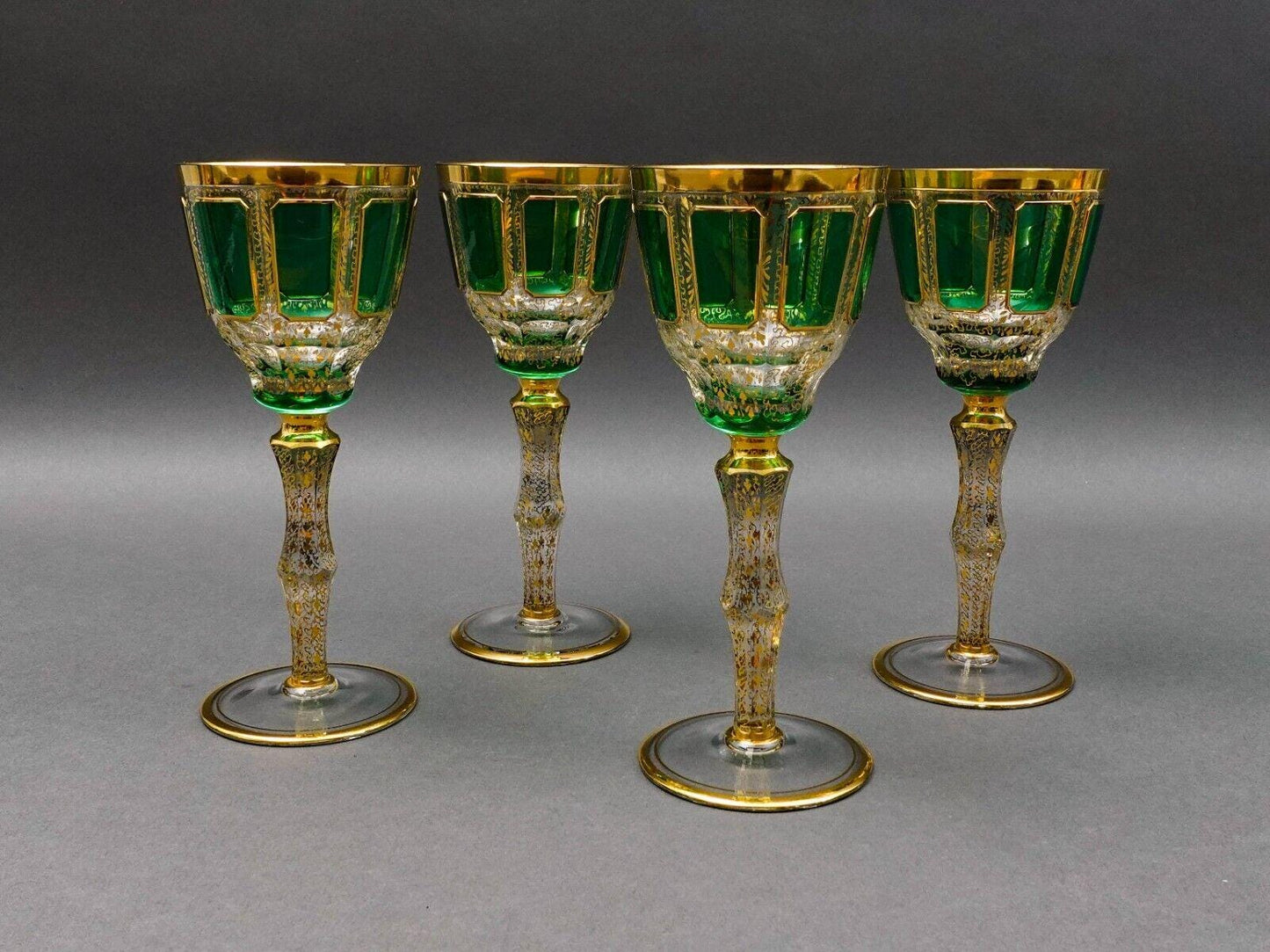 Moser Bohemian Emerald Green Gold Gilded Panel 8 1/4" Wine Glass Goblet Set Of 4