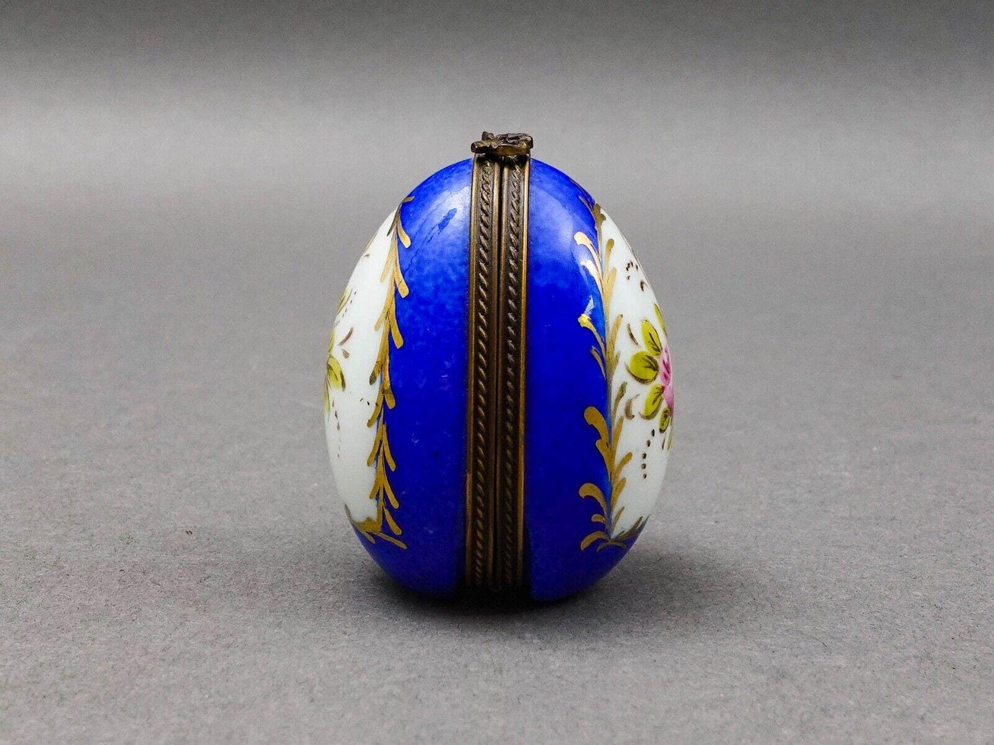 Limoges France Blue & Gold Floral Porcelain Egg Trinket Box With Perfume Bottle