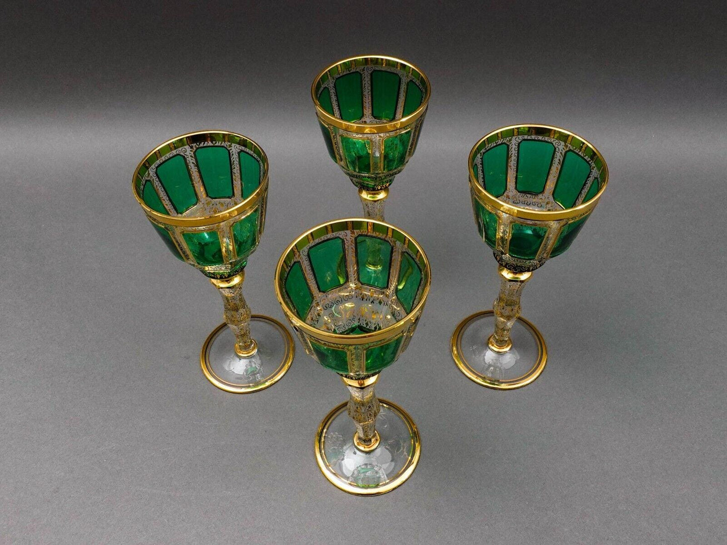 Moser Bohemian Emerald Green Gold Gilded Panel 8 1/4" Wine Glass Goblet Set Of 4