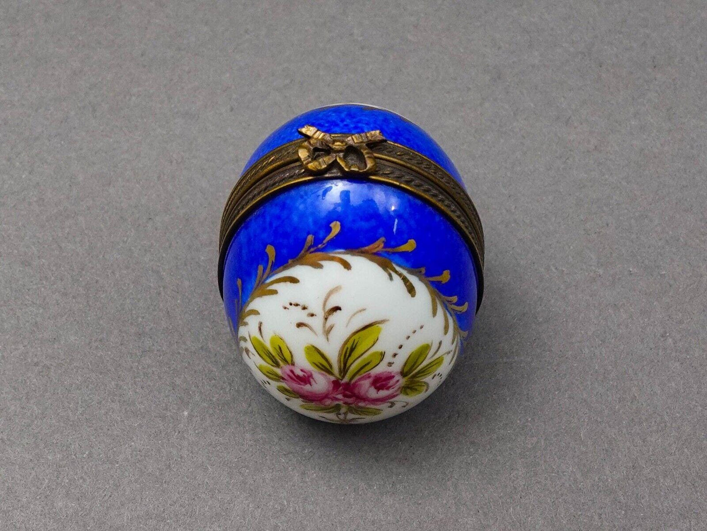 Limoges France Blue & Gold Floral Porcelain Egg Trinket Box With Perfume Bottle
