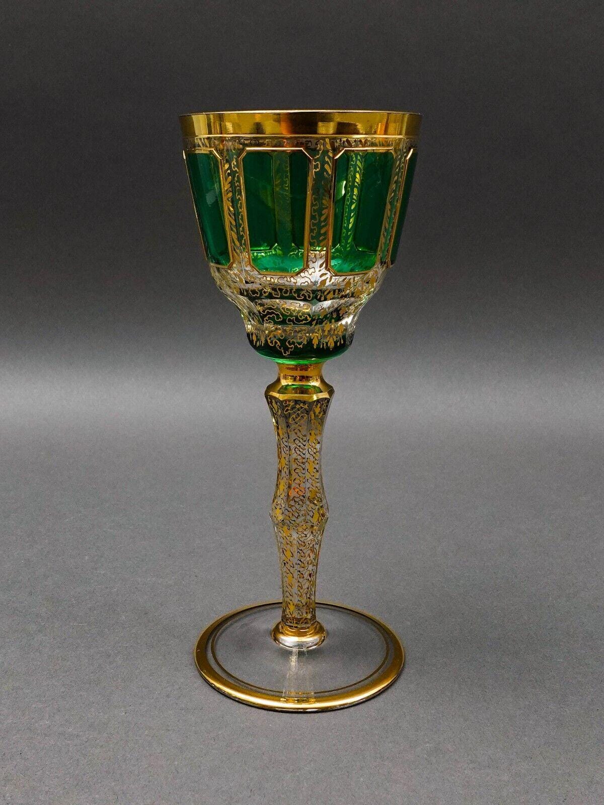 Moser Bohemian Emerald Green Gold Gilded Panel 8 1/4" Wine Glass Goblet Set Of 4