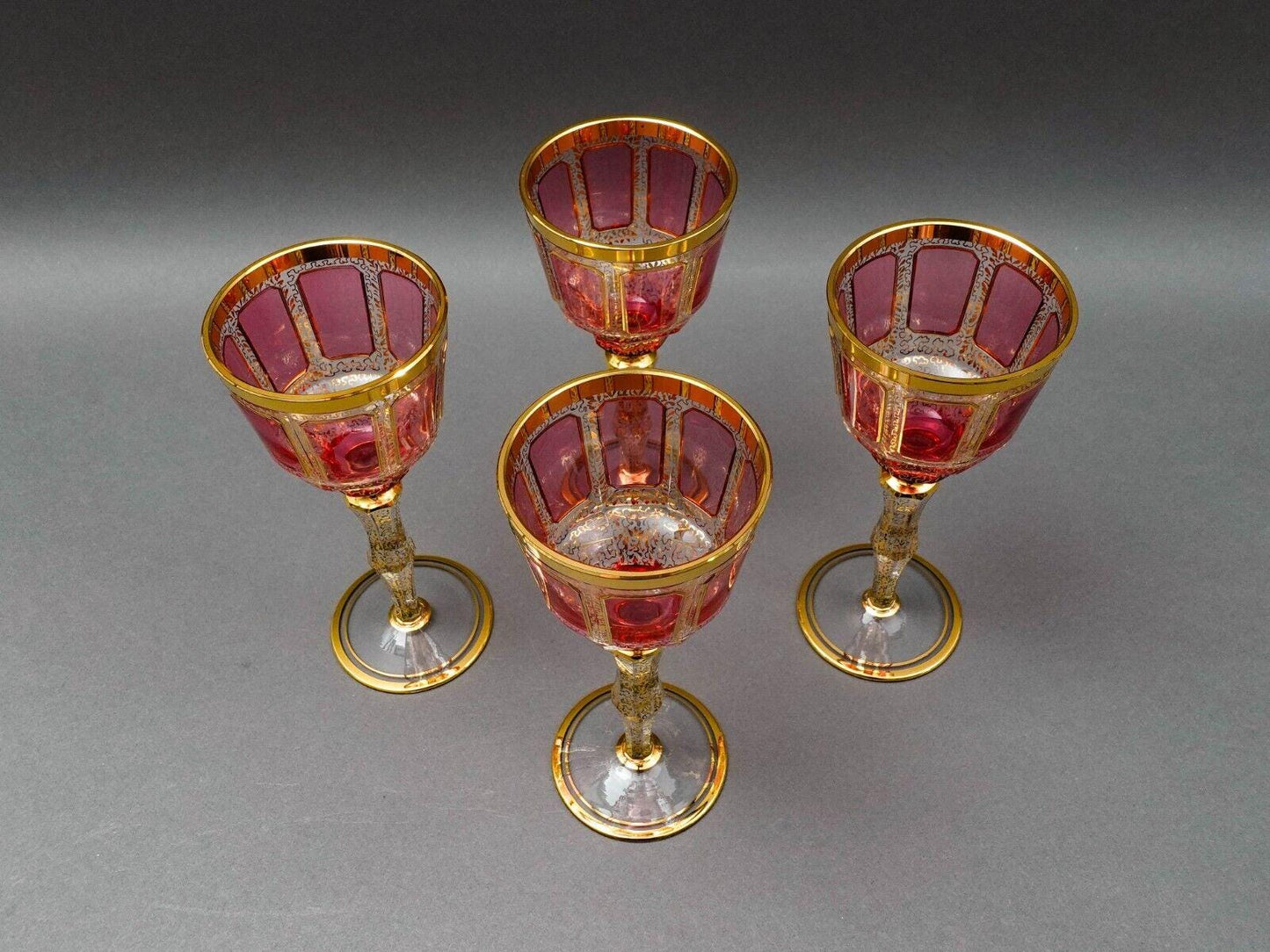 Moser Bohemian Cranberry Red Gold Gilded Panel 8 1/4" Wine Glass Goblet Set Of 4