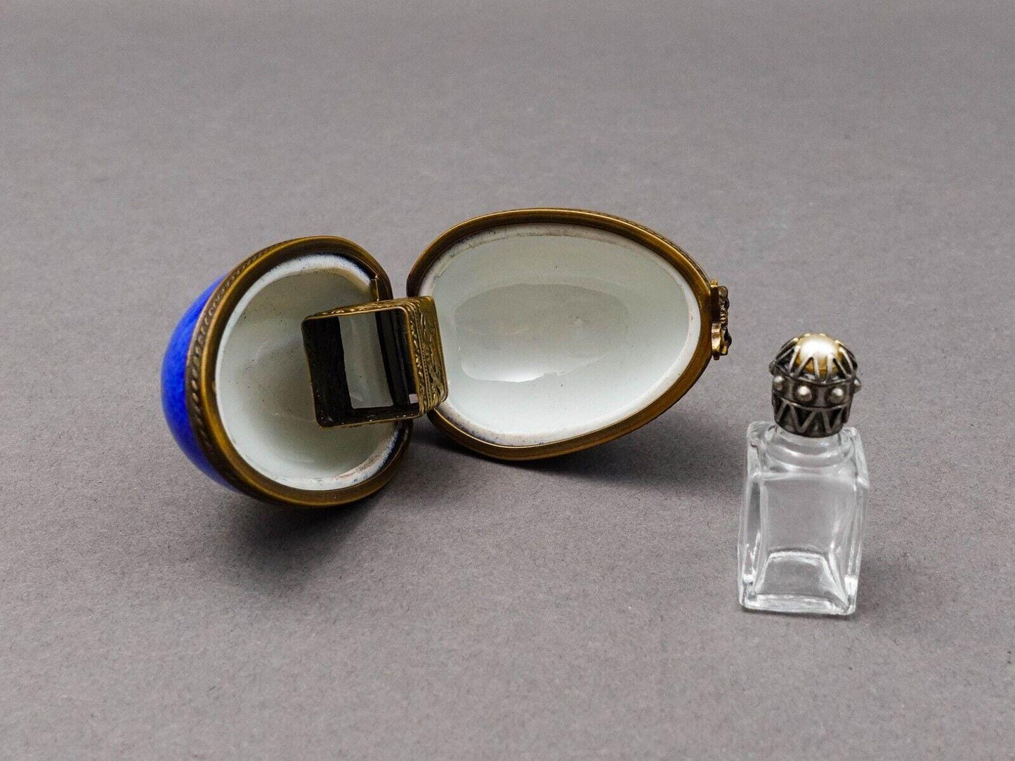 Limoges France Blue & Gold Floral Porcelain Egg Trinket Box With Perfume Bottle