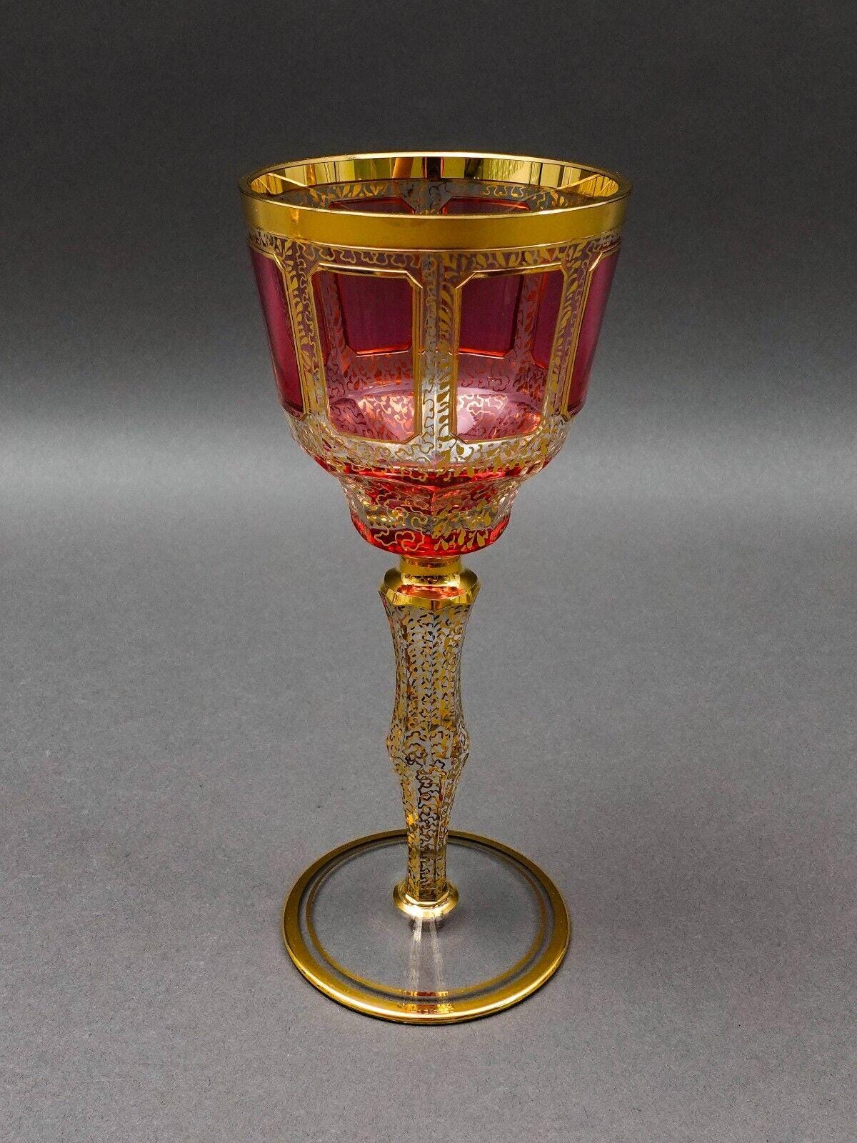 Moser Bohemian Cranberry Red Gold Gilded Panel 8 1/4" Wine Glass Goblet Set Of 4