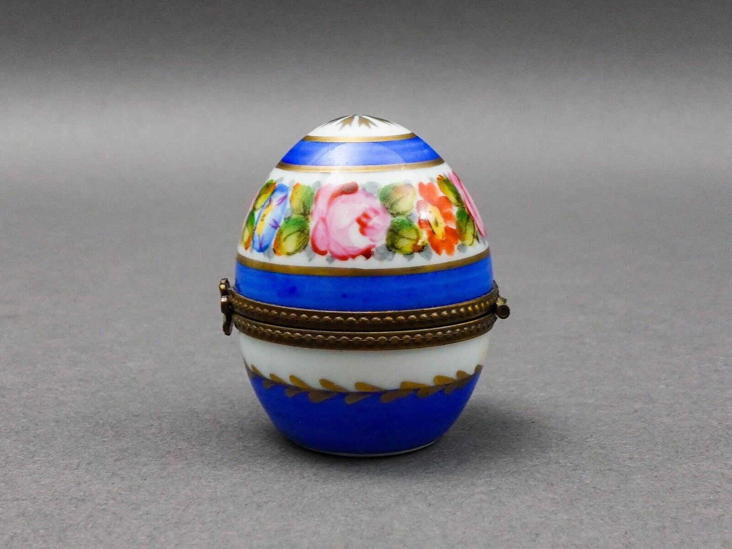 Limoges France Blue & Gold Floral Porcelain Egg Trinket Box With Perfume Bottle