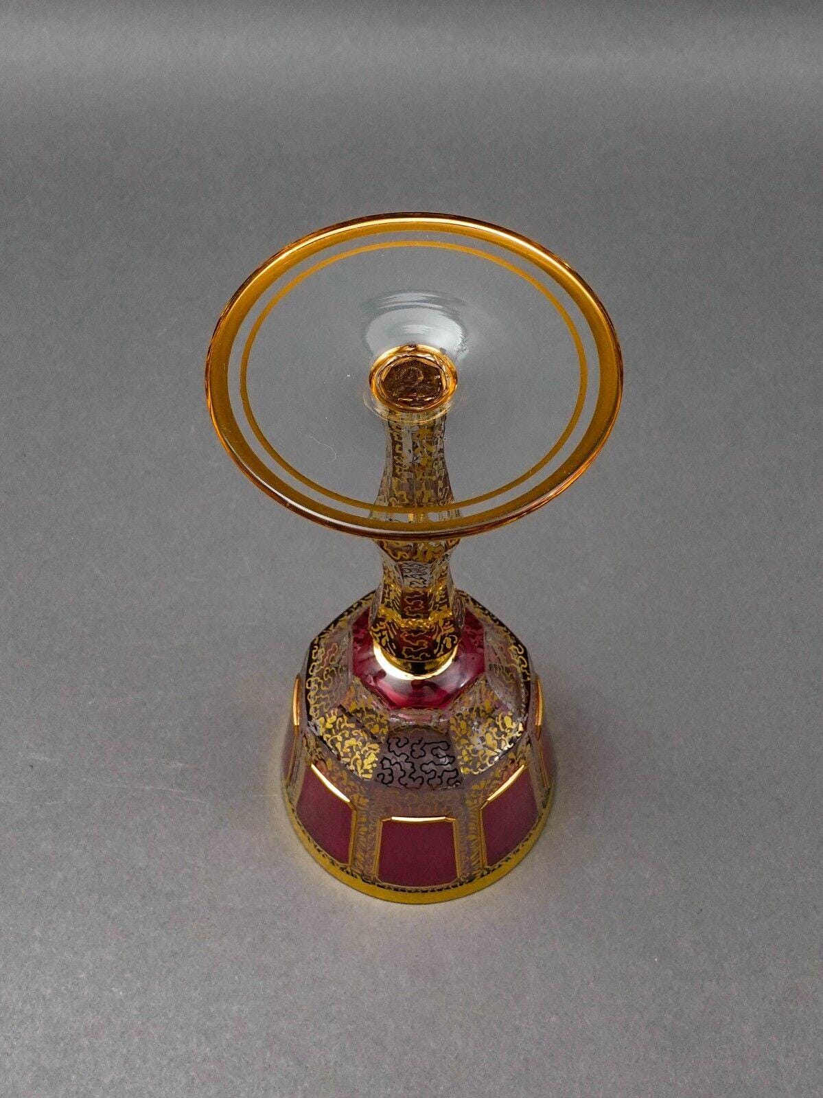 Moser Bohemian Cranberry Red Gold Gilded Panel 8 1/4" Wine Glass Goblet Set Of 4