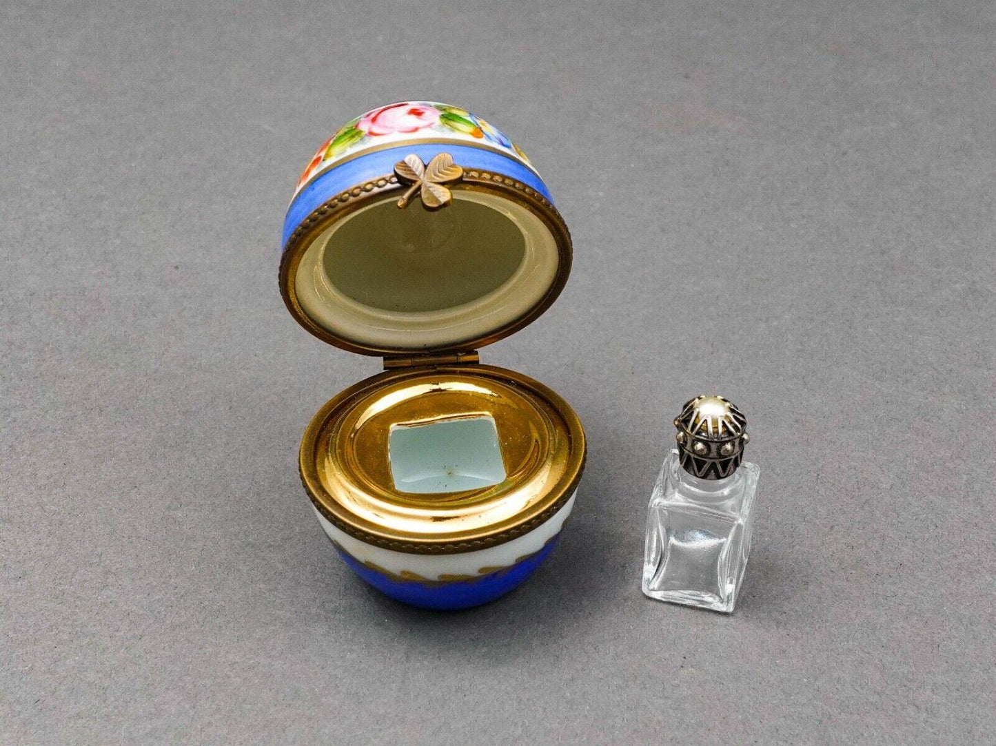 Limoges France Blue & Gold Floral Porcelain Egg Trinket Box With Perfume Bottle