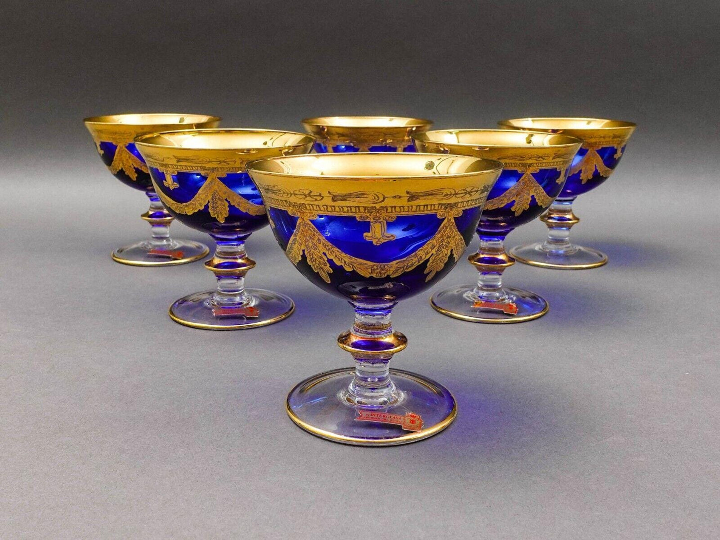 Interglass Italy 24K Gold Cobalt Blue Crystal Compote Serving Bowl Set Of 6