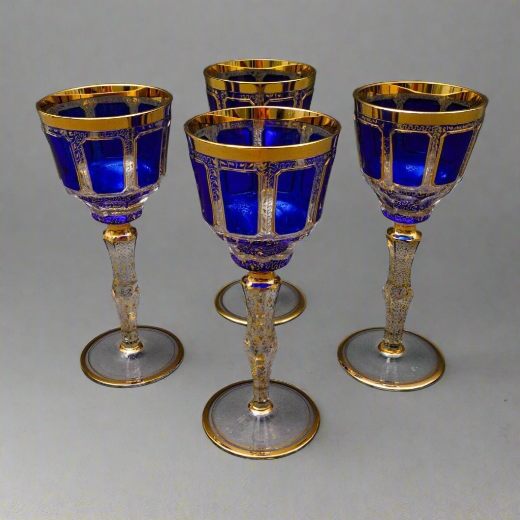 Moser Bohemian Cobalt Blue Gold Gilded Panel 8 1/4" Wine Glass Goblet Set Of 4