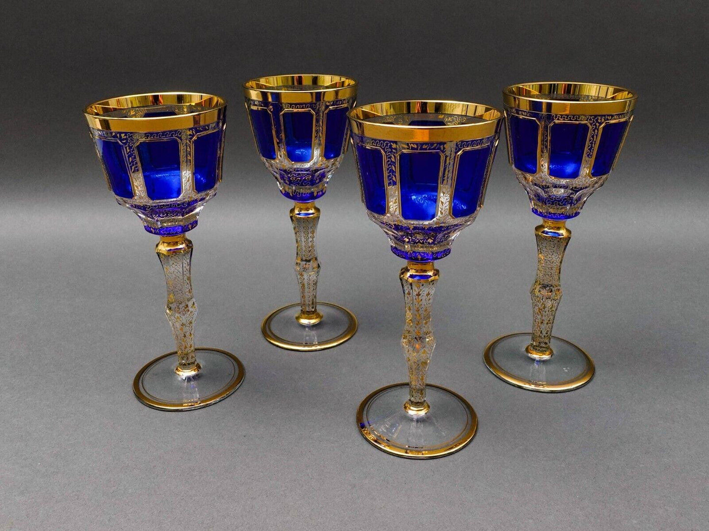 Moser Bohemian Cobalt Blue Gold Gilded Panel 8 1/4" Wine Glass Goblet Set Of 4