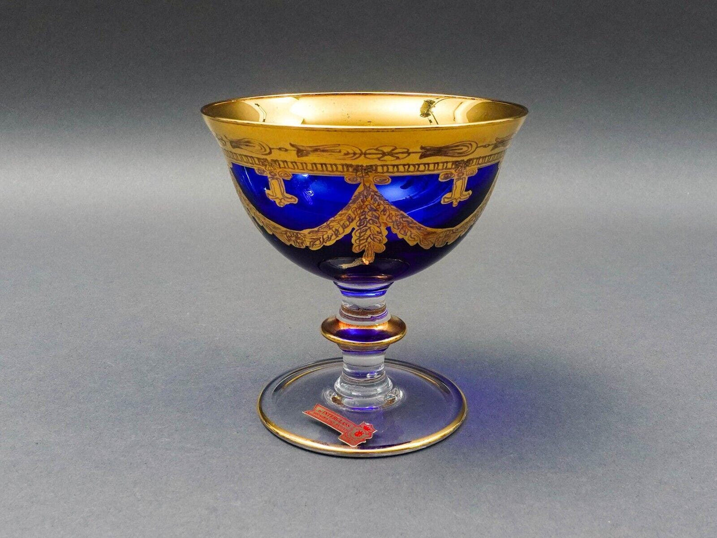 Interglass Italy 24K Gold Cobalt Blue Crystal Compote Serving Bowl Set Of 6