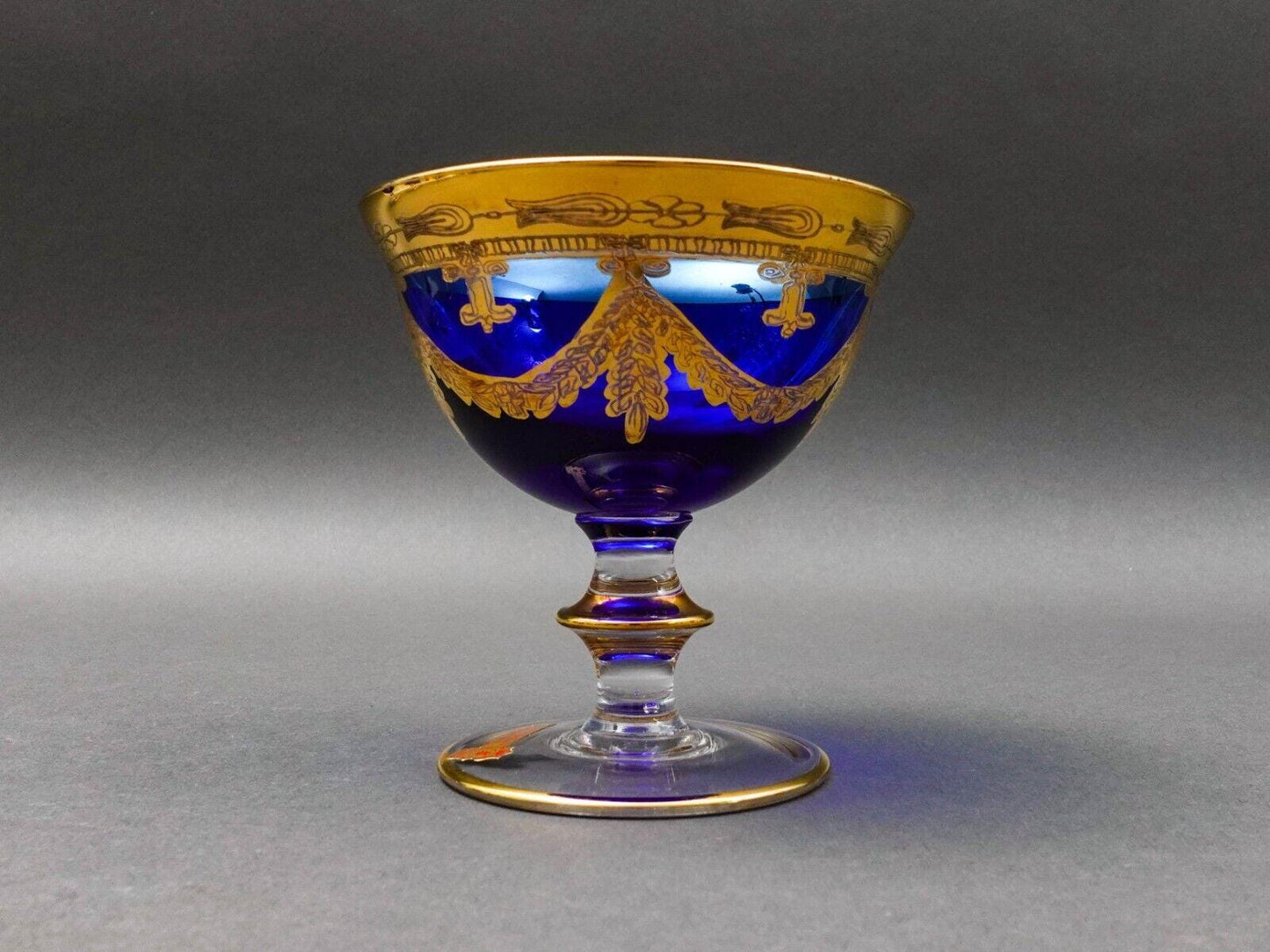 Interglass Italy 24K Gold Cobalt Blue Crystal Compote Serving Bowl Set Of 6