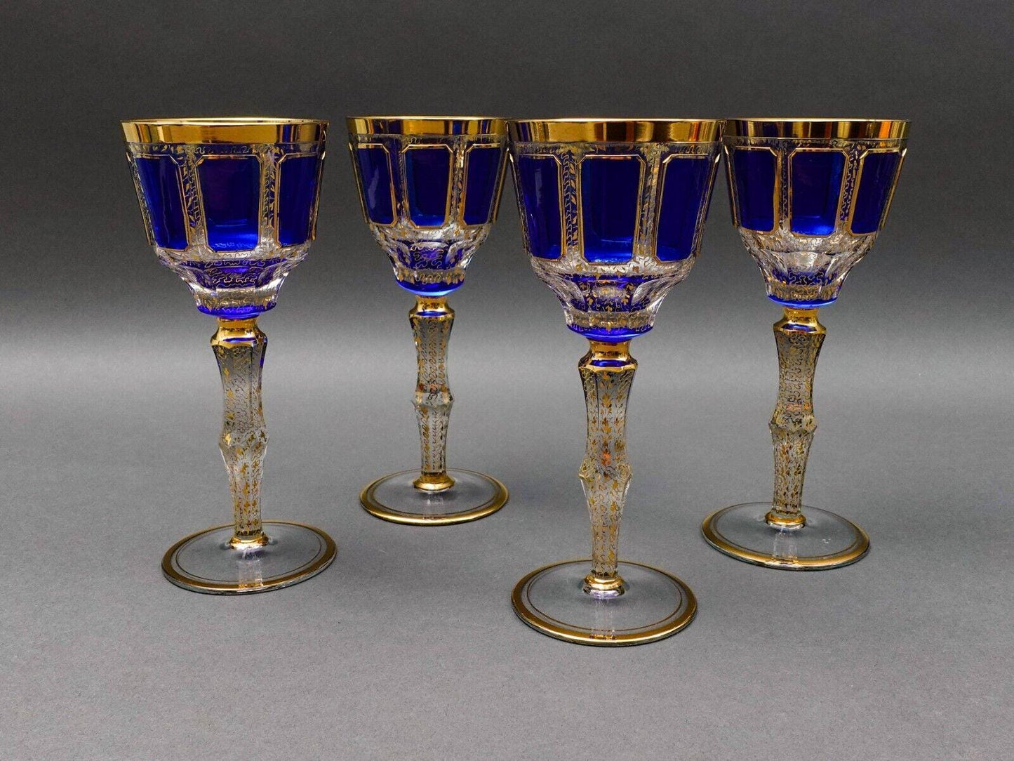 Moser Bohemian Cobalt Blue Gold Gilded Panel 8 1/4" Wine Glass Goblet Set Of 4