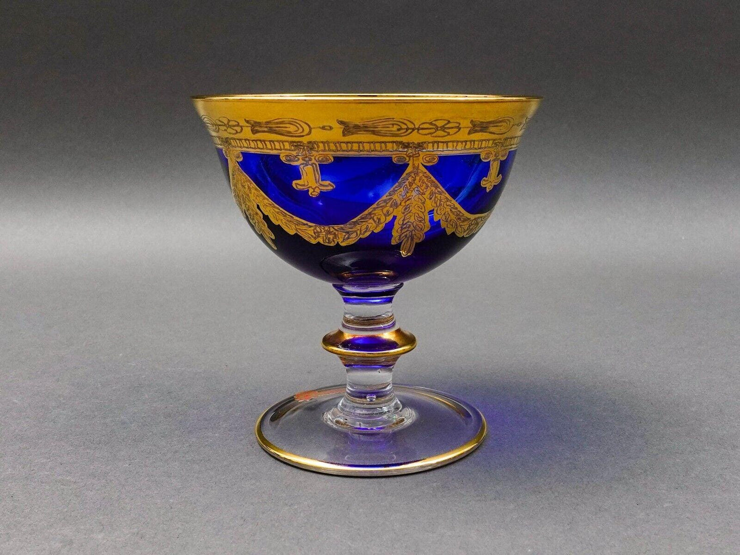 Interglass Italy 24K Gold Cobalt Blue Crystal Compote Serving Bowl Set Of 6