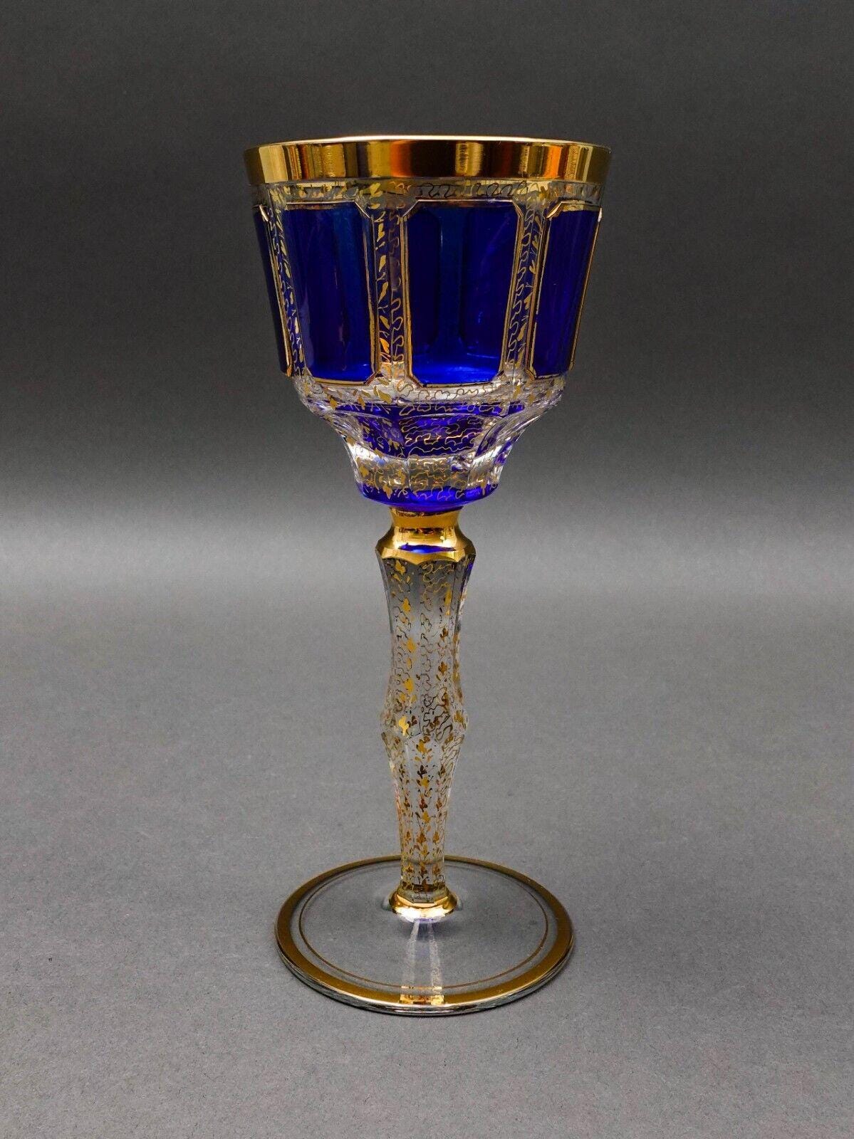 Moser Bohemian Cobalt Blue Gold Gilded Panel 8 1/4" Wine Glass Goblet Set Of 4