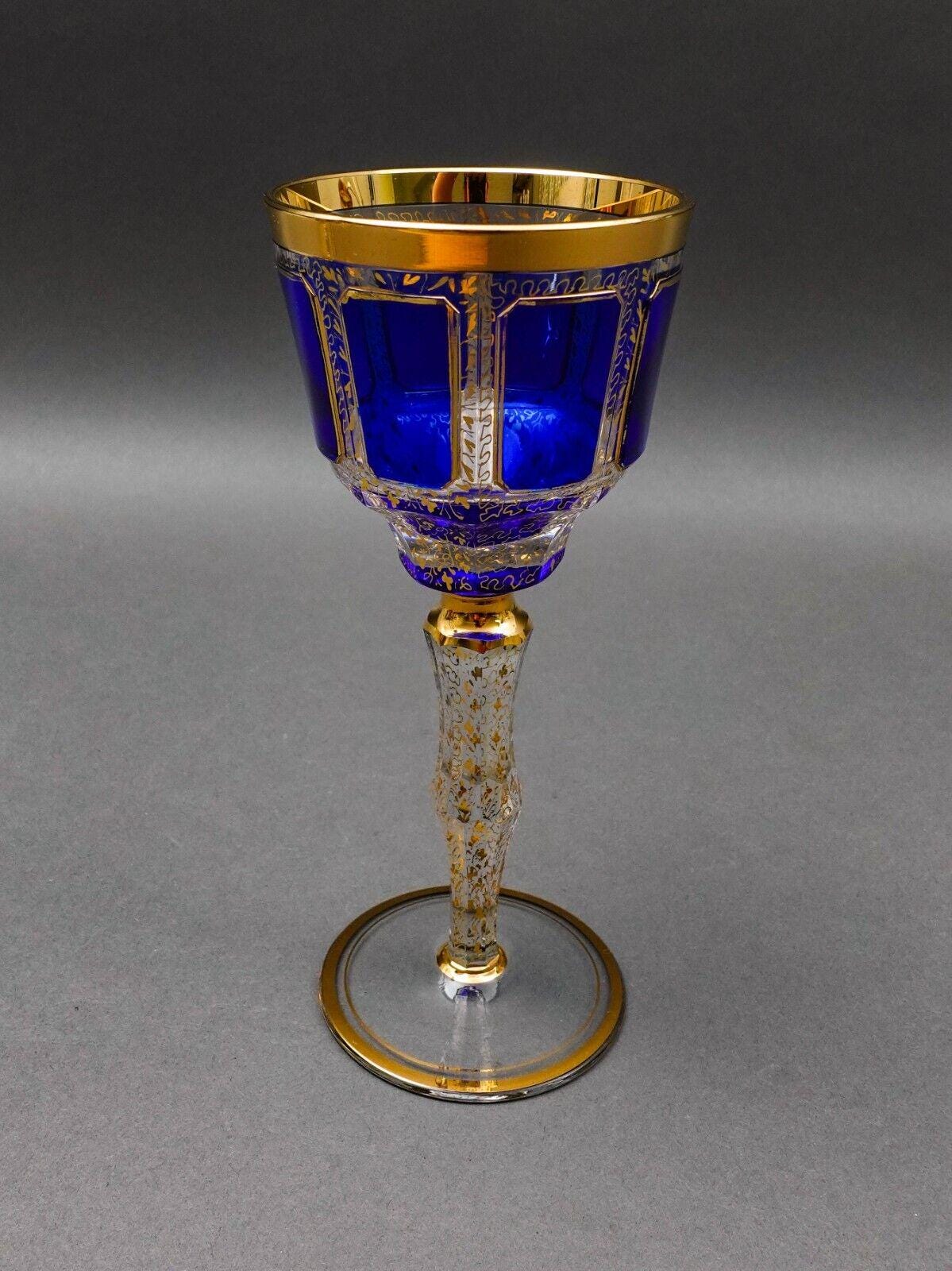 Moser Bohemian Cobalt Blue Gold Gilded Panel 8 1/4" Wine Glass Goblet Set Of 4
