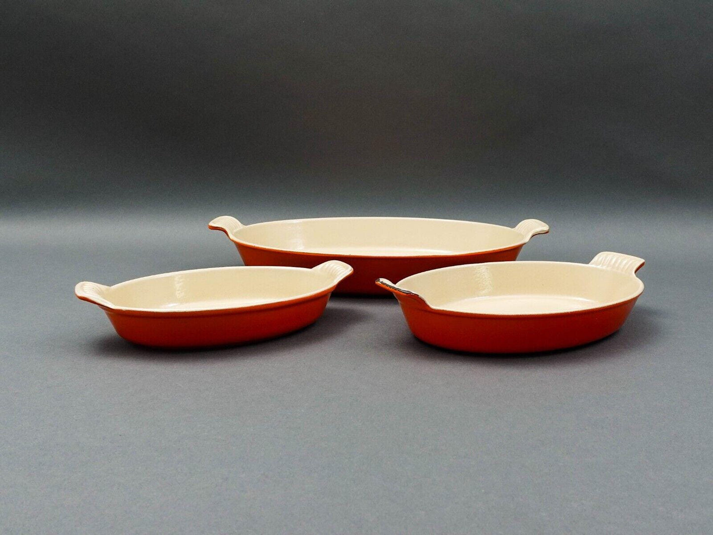 Le Creuset France Flame Orange Enamel Oval #36 #24 #20 Au Gratin Baker Set Of 3