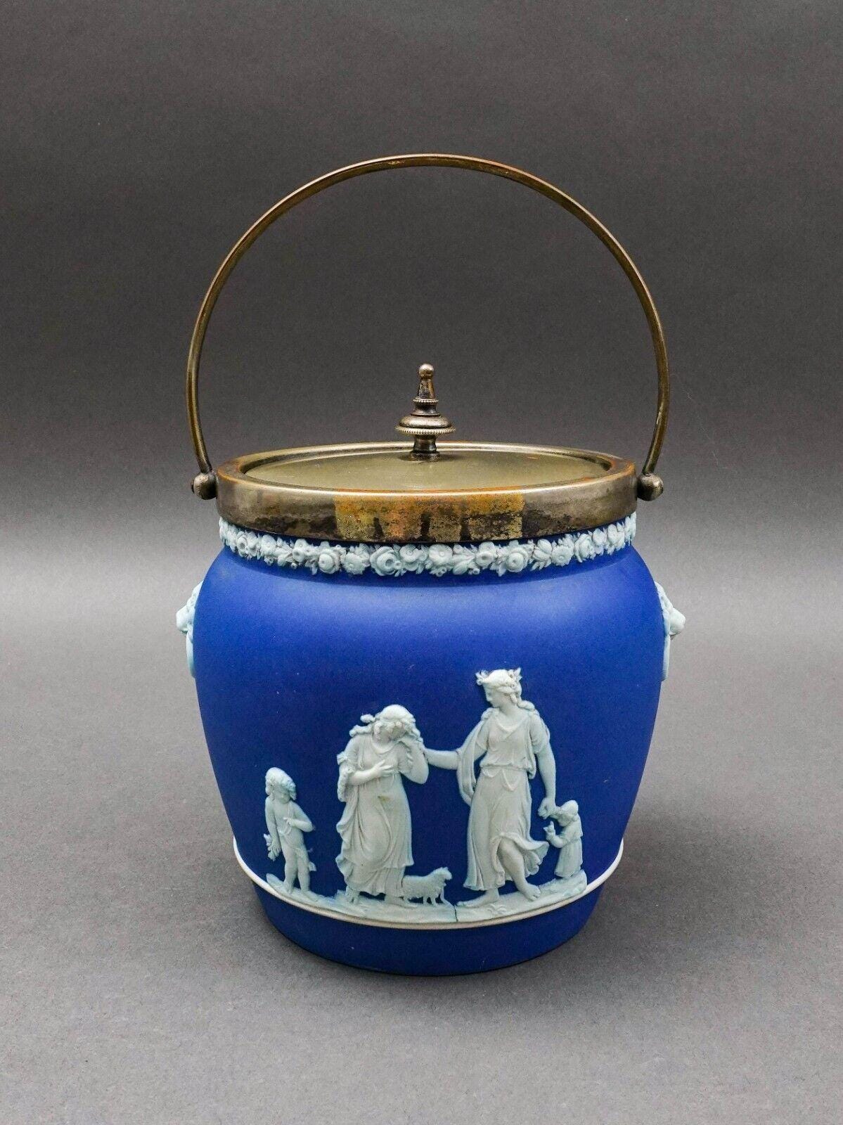 Wedgwood England Antique Cobalt Blue Jasperware Silver Plated Biscuit Barrel Jar