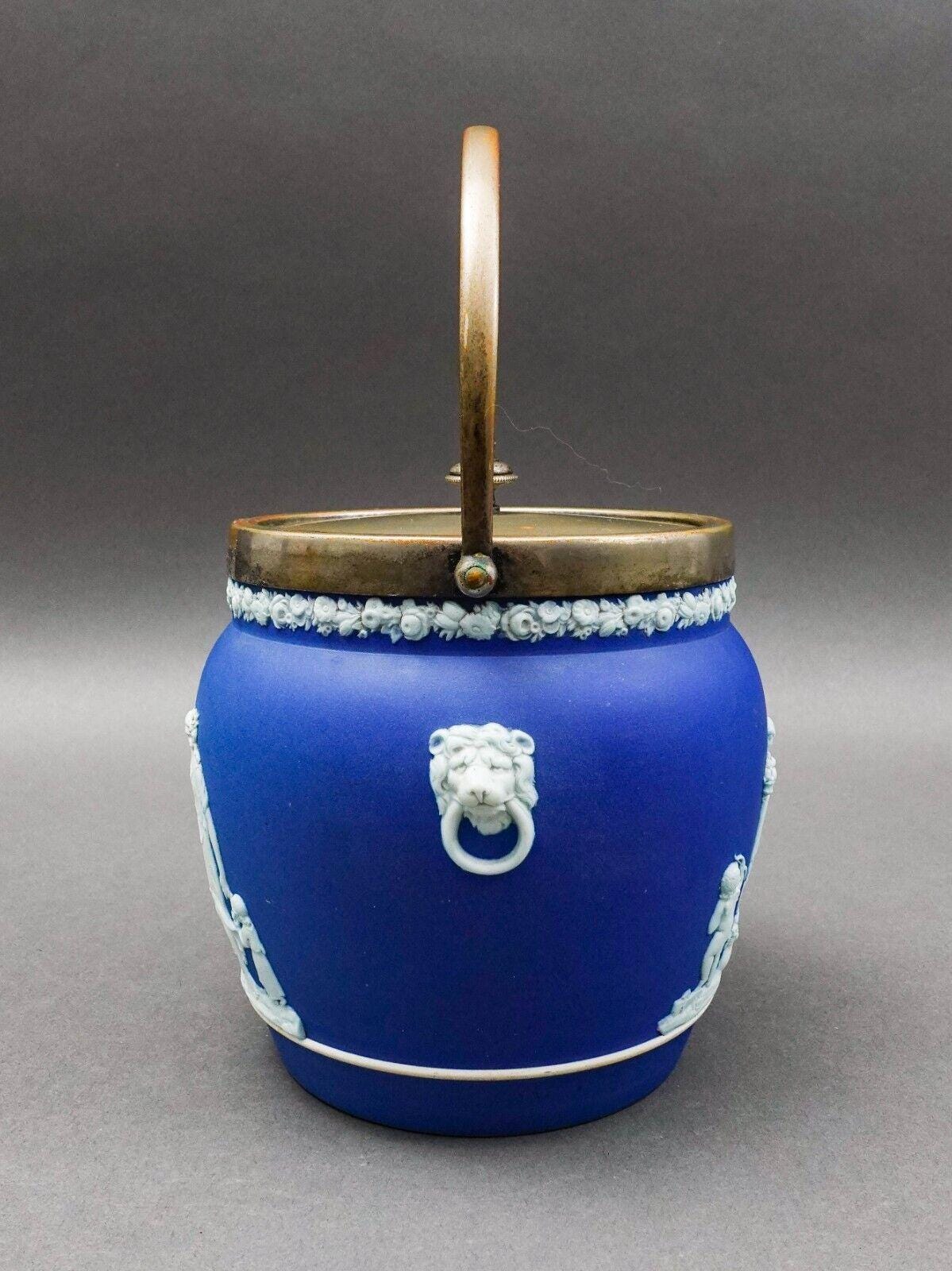 Wedgwood England Antique Cobalt Blue Jasperware Silver Plated Biscuit Barrel Jar