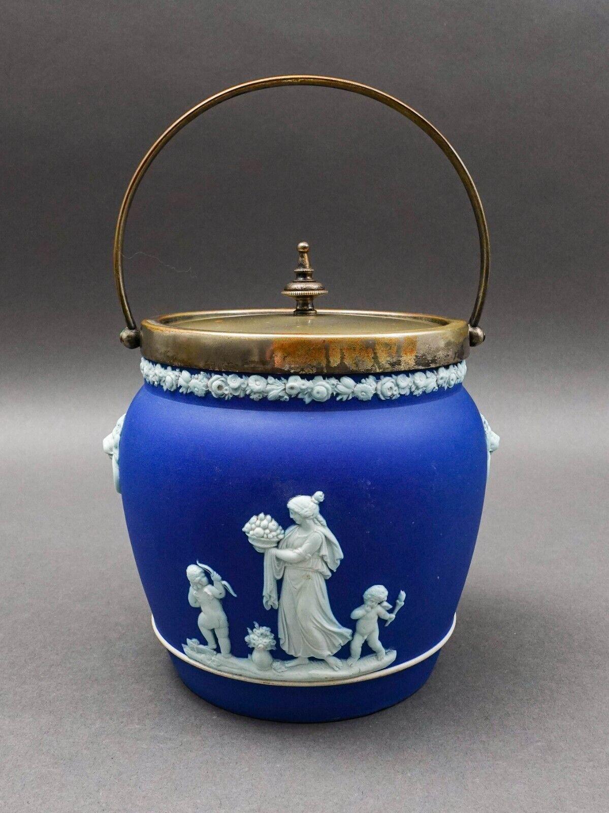 Wedgwood England Antique Cobalt Blue Jasperware Silver Plated Biscuit Barrel Jar