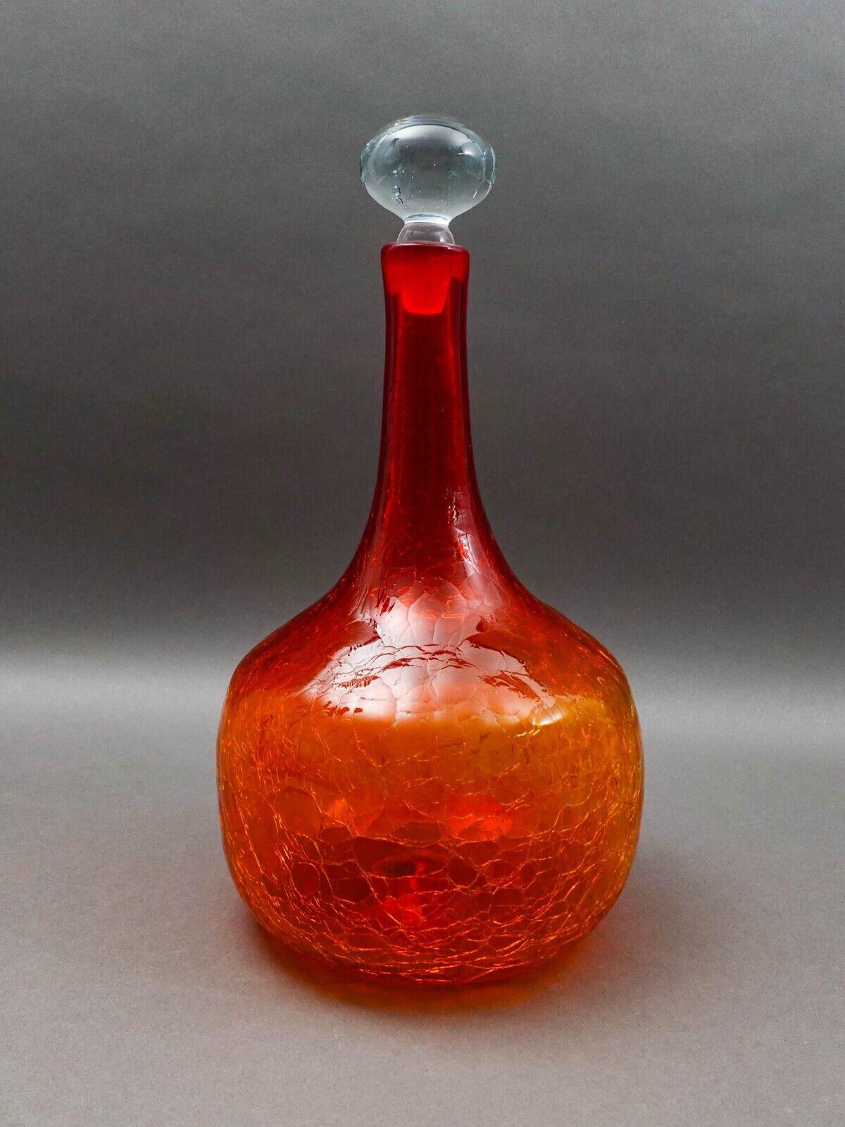 Blenko Vintage MCM Tangerine Amberina Crackle Glass Decanter With Stopper 16"