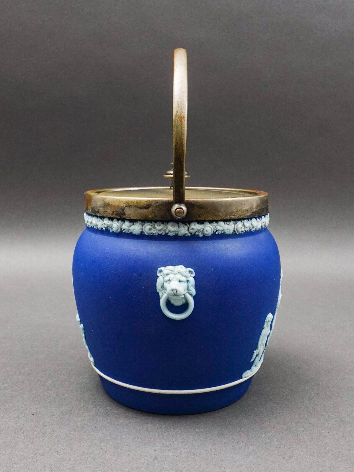 Wedgwood England Antique Cobalt Blue Jasperware Silver Plated Biscuit Barrel Jar