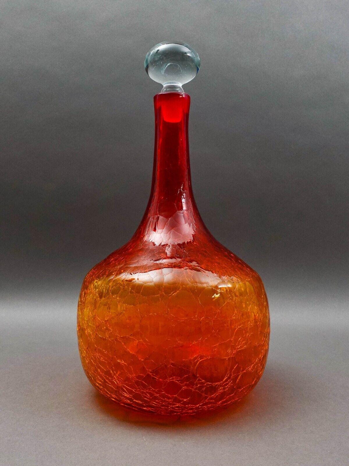 Blenko Vintage MCM Tangerine Amberina Crackle Glass Decanter With Stopper 16"