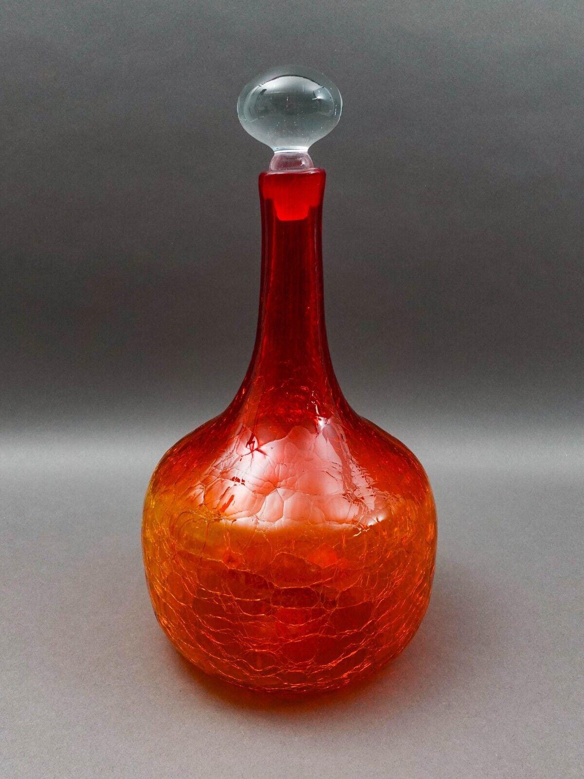 Blenko Vintage MCM Tangerine Amberina Crackle Glass Decanter With Stopper 16"