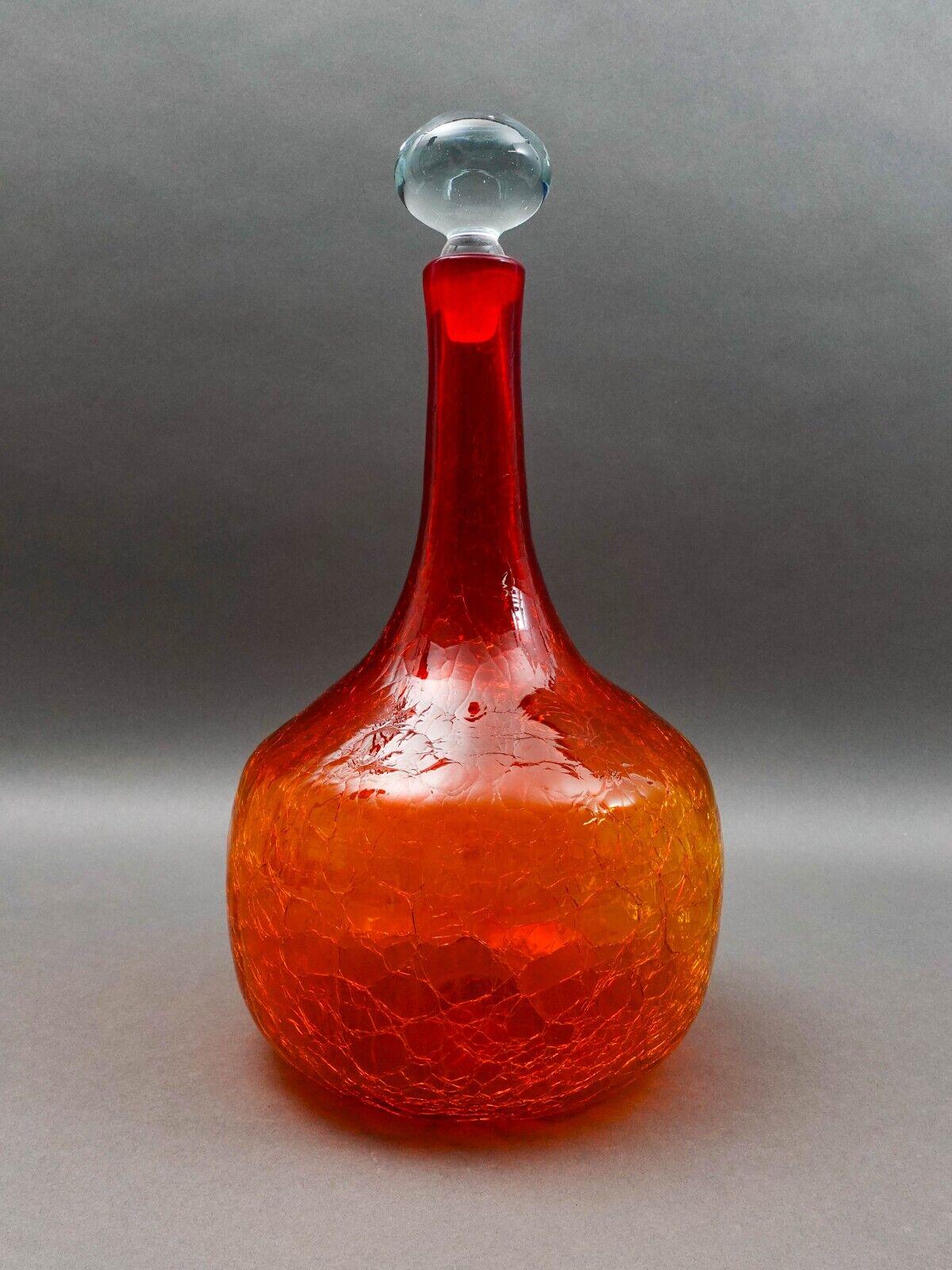 Blenko Vintage MCM Tangerine Amberina Crackle Glass Decanter With Stopper 16"