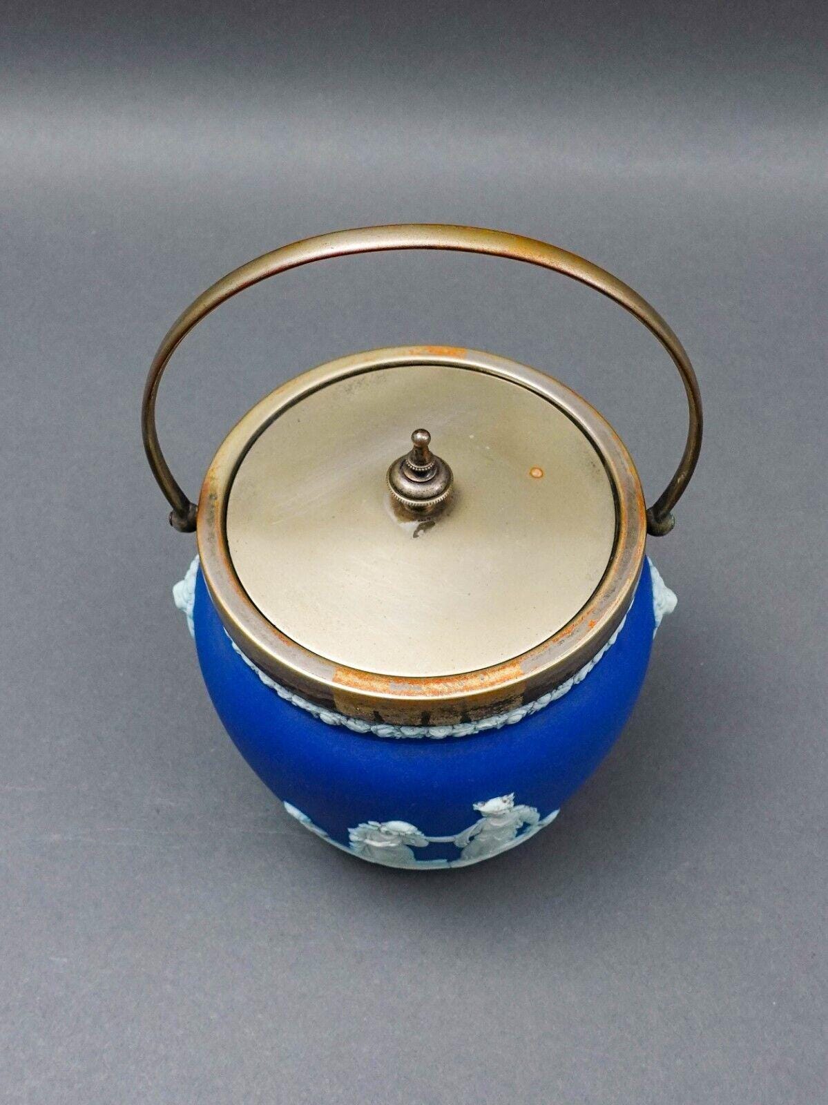 Wedgwood England Antique Cobalt Blue Jasperware Silver Plated Biscuit Barrel Jar