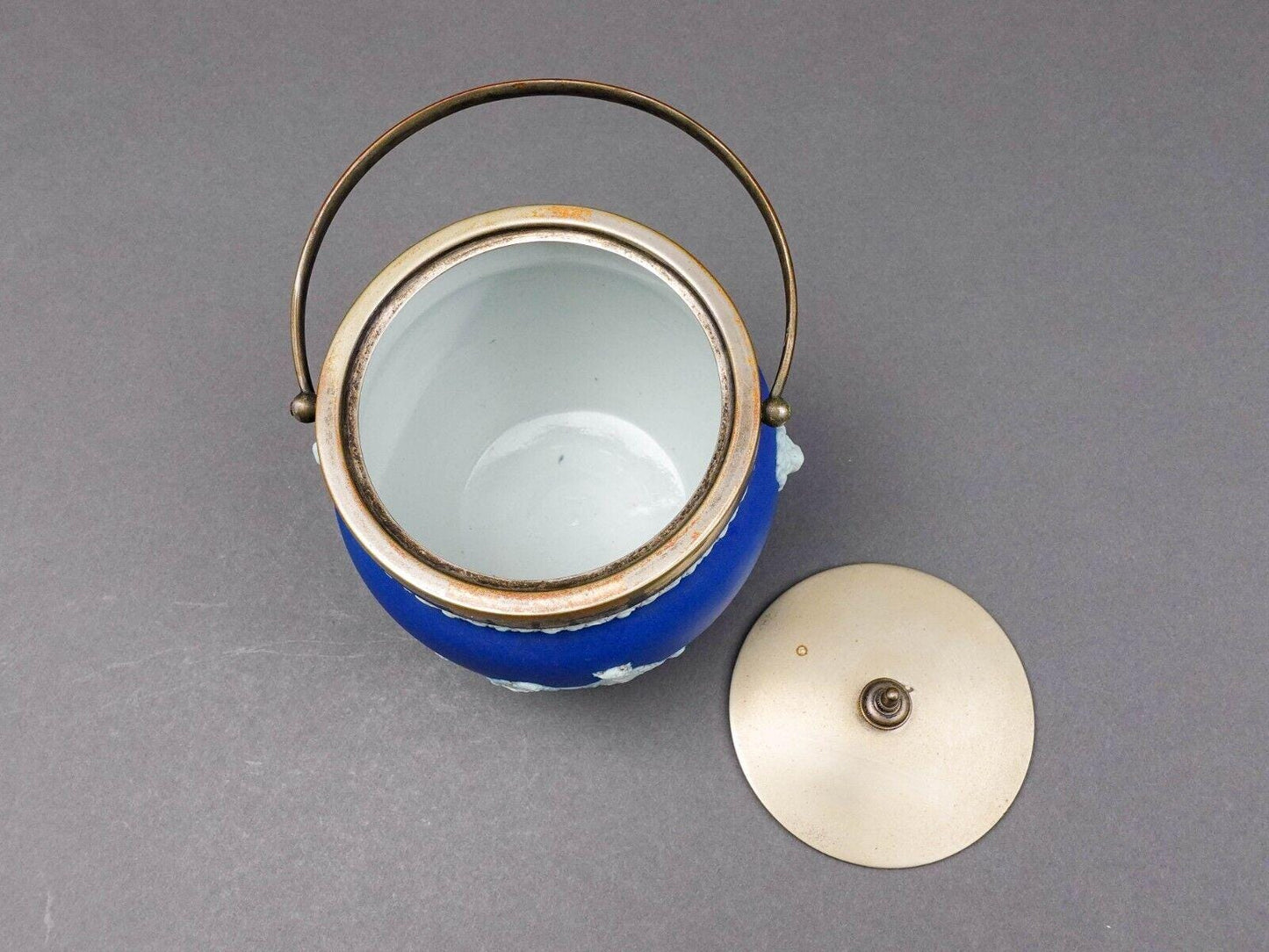 Wedgwood England Antique Cobalt Blue Jasperware Silver Plated Biscuit Barrel Jar