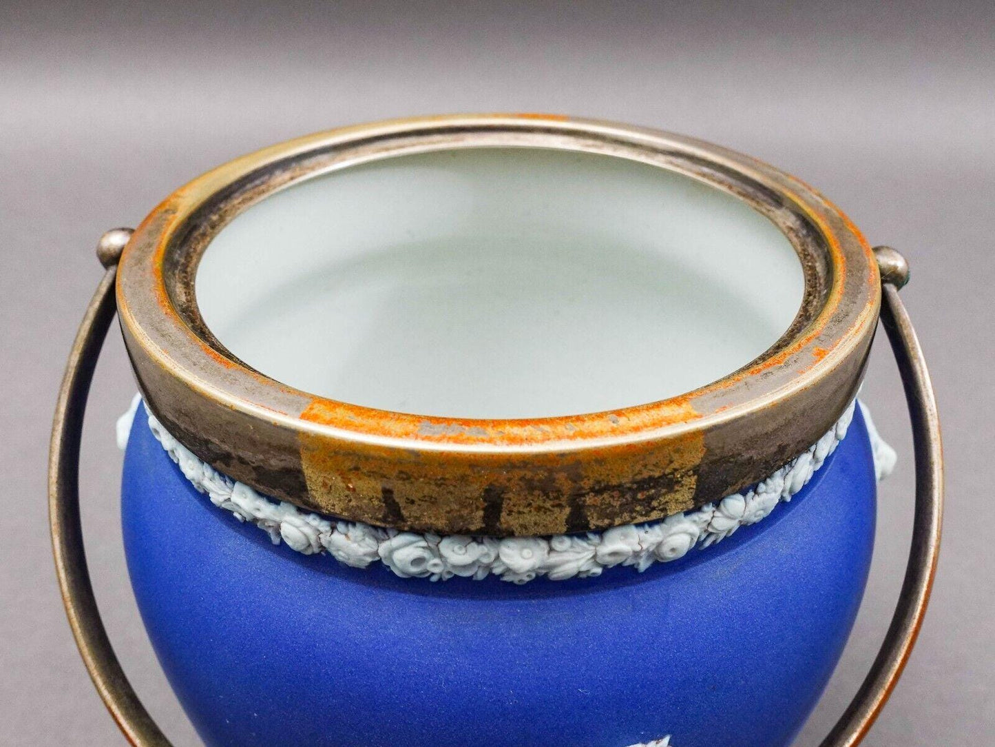 Wedgwood England Antique Cobalt Blue Jasperware Silver Plated Biscuit Barrel Jar